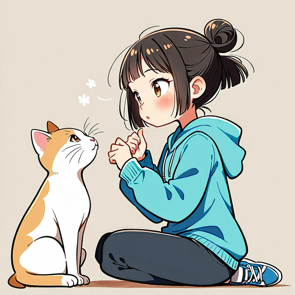 1 Girl, blush, Black Hair, Long sleeve, Brown eyes, shoe, Pants, hood, Hair Bun, from the side, hoodie, contour, animal, black Pants, sit on the floor, single Hair Bun, Two kittens，One of the fat cats, hood down, 运动shoe, 粉色shoe类,blue hoodie，Eye contact with the kitten