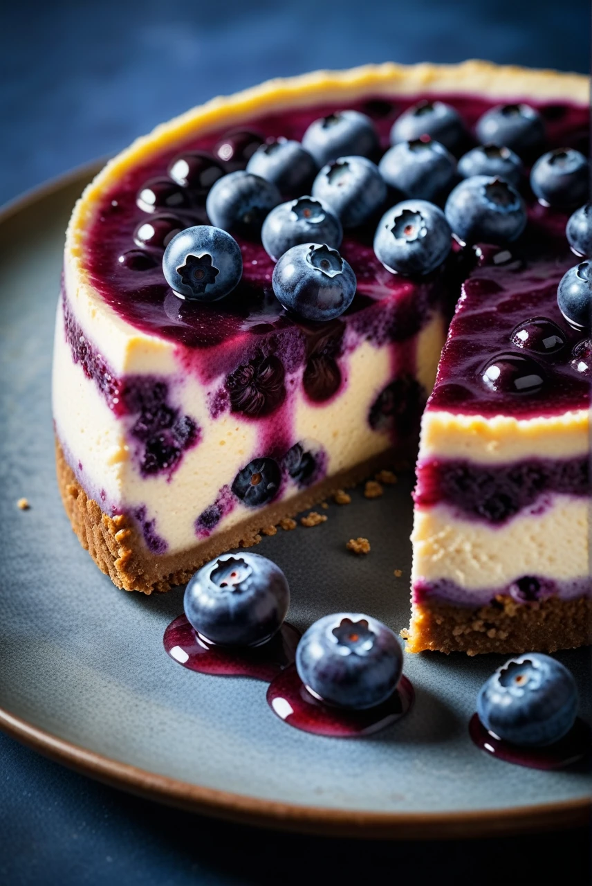 Documentary RAW Photography,a Blueberry Cheesecake, highlighting its exquisite, lacy texture and impeccable balance. The composition should evoke an irresistible urge to taste, with every detail crafted to inspire both amateur and seasoned cooks, (sharpness in detail:1.1), masterpiece, 35mm photograph, (iconic photograph:1.4), (visual storytelling:1.2), film grain, award winning photography,vibrant use of light and shadow, high quality textures of materials, volumetric textures  perfect composition, dynamic play of light, rich colors, epic shot, perfectly quality, natural textures,high detail, photoshadow, (natural colors, correct white balance, color correction, dehaze),(intricate detailed), 8k