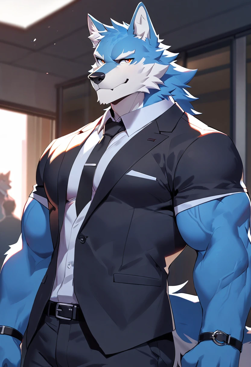 fenrir, wolf, 1boys, male, solo, dark blue fur, muscle, big tits, pecs, cool face, office attire, black tie, standing, front angle, office background