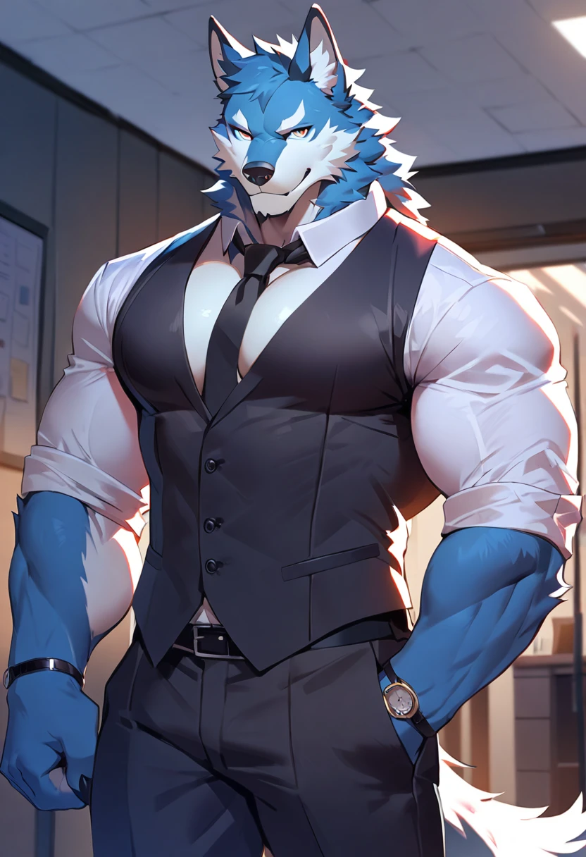 fenrir, wolf, 1boys, male, solo, dark blue fur, muscle, big tits, pecs, cool face, office attire, black tie, standing, front angle, office background