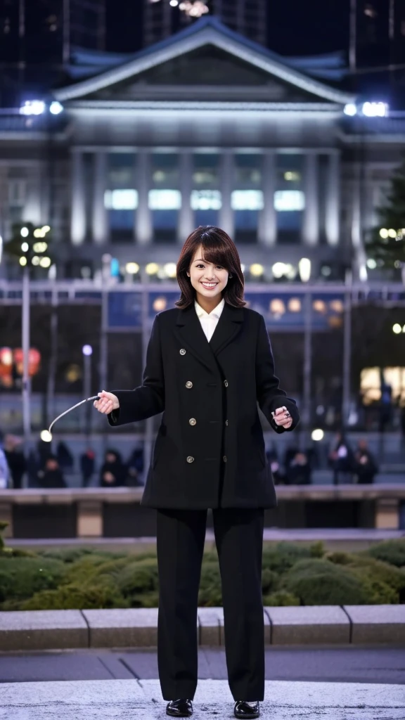 Full-body photo of a cute Japanese weather forecaster wearing a black pantsuit and coat,Medium Hair, pumps,A girl broadcasting live with a microphone in both hands,Broadcasting with a microphone outdoors in Tokyo in winter,Standing in front of Tokyo Station,wearing pumps and black tights,masterpiece