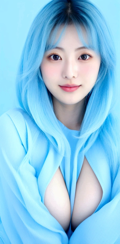 The color of the clothes is light blue、The background is also light blue.、Large Breasts:0.4、Japanese、22 years old