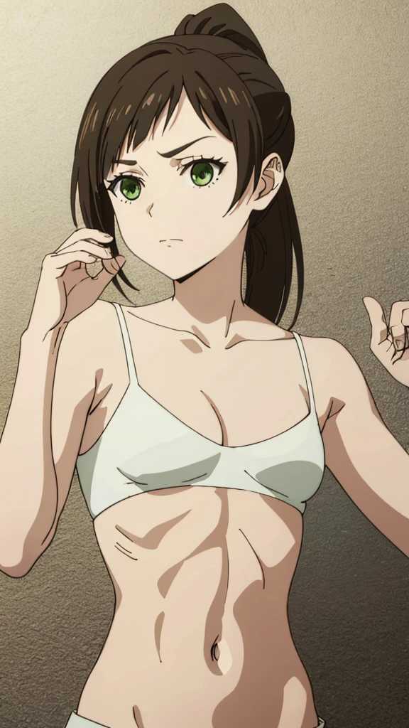 masterpiece, highres, solo, 8k, detailed, perfect face, best quality, (ultra high quality), looking viewers, (armpit), collarbone, bare arm, medium breasts, cleavage, dark brown hair, bangs, ponytail hair, green eyes, belly, stomach, navel, abs, crop tanktop, slim body, upper body, emotionless, flat face, at forest, hands up