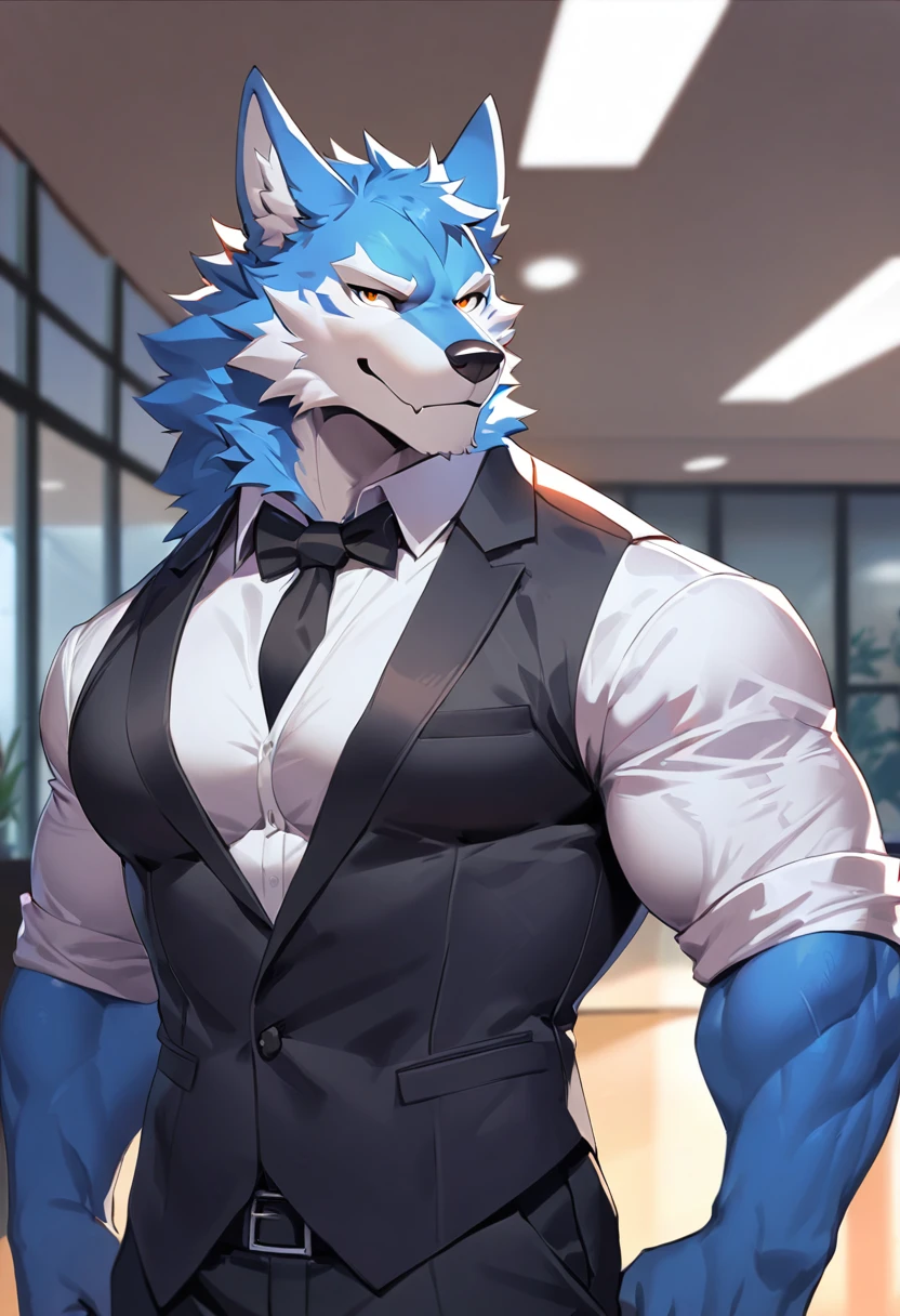 fenrir, wolf, 1boys, male, solo, dark blue fur, muscle, big tits, pecs, cool face, office attire, black tie, standing, front angle, office background