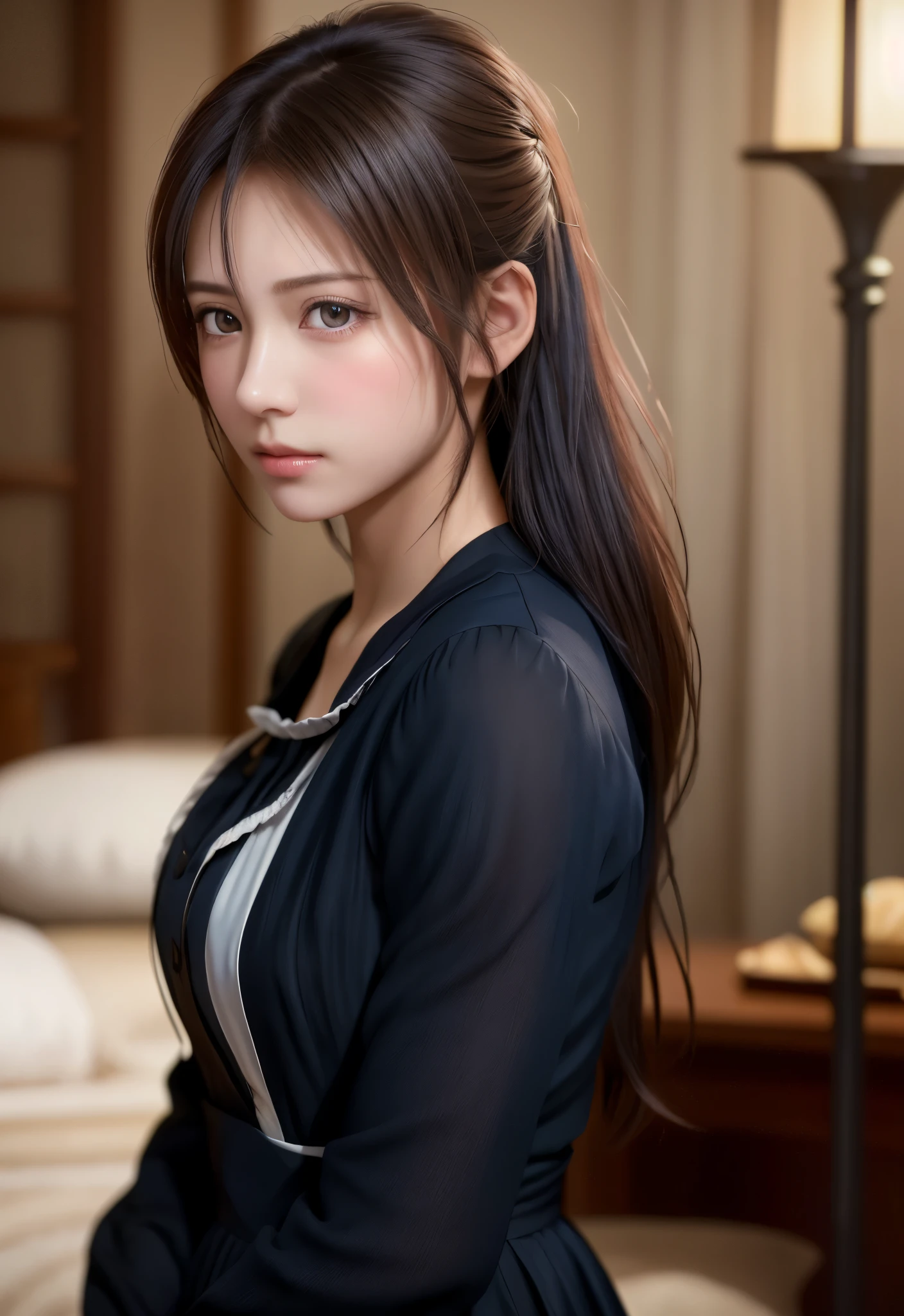 8K, of the highest quality, masutepiece:1.2), (Realistic, Photorealsitic:1.37), of the highest quality, masutepiece, Beautiful young woman, Pensive expression, Thoughtful look, Cute Maid Clothes, Hair tied back, Messy mood, Cinematic background, Tired, Light skin tone