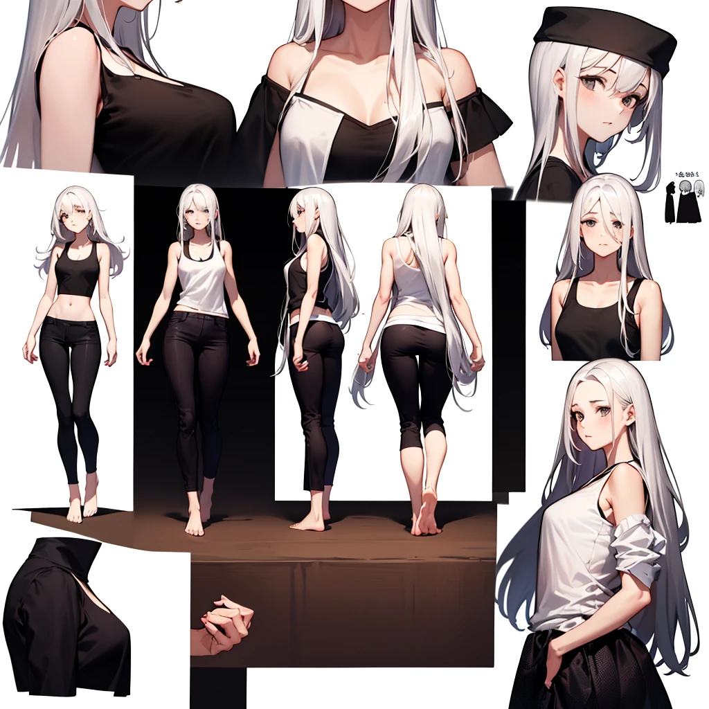 masterpiece, best quality, absurdres, 1girl, mature female, small breast, forehead, white hair, straight hair, long hair, black eyes, empty eyes, black tank top, red pants, bare feet, white background, simple background, model sheet, turnaround