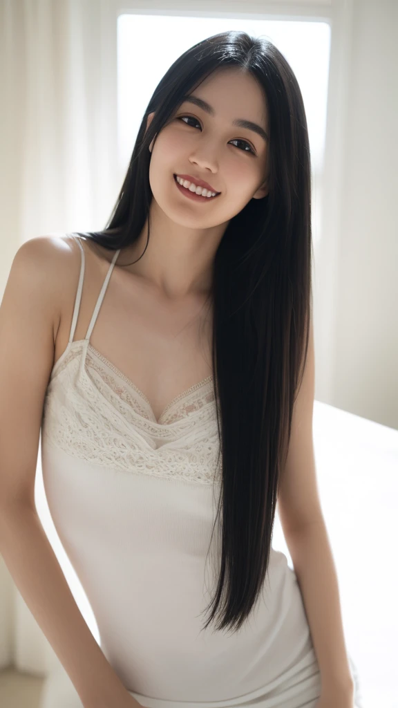 (((smile、Focus on the eyes:1.1、Extremely detailed:1.22、Ultra-high resolution、masterpiece:1.45、Highest quality)))、((((Whole body expression:1.68、camisole、Leaning forward、One person))))、long, straight black hair、So that every single hair is clearly visible、The subtle color changes of hair depending on how the light hits it、 Skin has a natural glow、Fine skin texture、Representing the fine details of pores:1.25、Details of the light redness on the forehead and cheeks、(((Eyes with fine iris details、The eyes depict color gradations and patterns.、Long, natural-looking eyelashes, each and every one visible、Well-groomed eyebrows、眉毛のindivual々The hair is clearly visible、Light reflecting off into the eye、The light in the eyes creates small highlights)))、The nose is delicate、Fine detail on the nostrils、Lips are plump and naturally pink、Depicts the fine lines and soft curves of the lips、lips are shiny and、The gloss on your lips accentuates their shape.、(((Detailed depiction of lip texture、Particular attention to the depiction of light and shadow、Soft natural light gently illuminates the face from the front、A faint glow on the forehead、A slight shine on the nose、A slight glow on the cheeks、Shadows are cast softly along the contours of the face、Accentuate the sides of your cheekbones、Accentuate the sides of the jawline、Emphasize the sides of the nose、The gloss on her lips reflects the light faintly、Lips emphasize the plump texture、The shadow of the hair gives depth and dimension、indivual々The hair shines in the light、