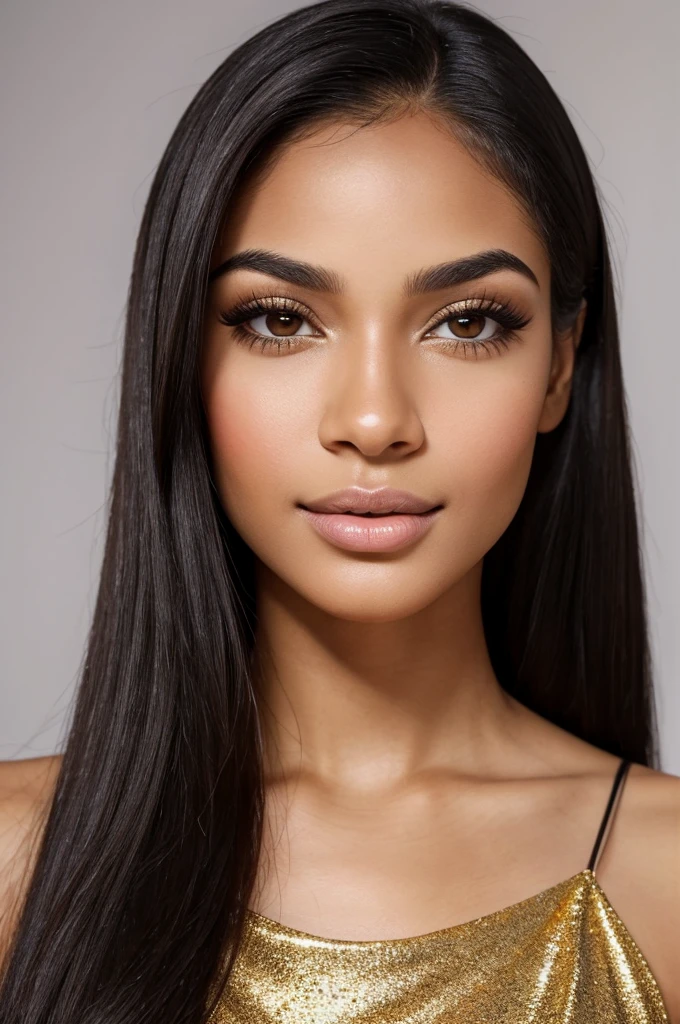 high resolution photo frontal portrait of a black woman that has a classically beautiful face with delicate, feminine features. Her most striking attributes are her long, straight flowing black hair and captivating honey-colored eyes. She has large, expressive eyes with long, dark eyelashes and warm, light brown irises flecked with gold. Gabriela has high, sculpted cheekbones, a small, straight nose, and full, pouty lips. Her eyebrows are perfectly shaped and groomed, and she has a heart-shaped face with a strong jawline and slightly pointed chin. Overall, Gabriela radiates beauty, confidence and warmth, with a genuine smile that lights up her face and draws people in, style raw