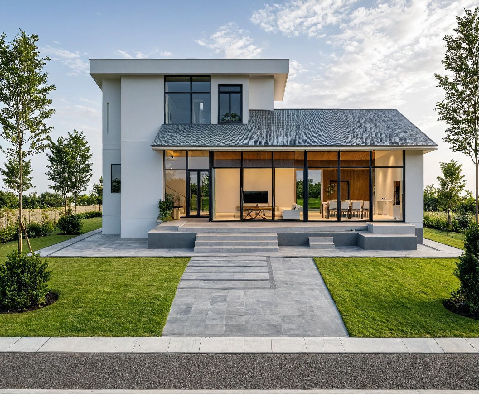 Masterpiece, high quality, best quality, authentic, super detail, outdoors, onestoreyvillaXL, aiaigroup, house style modern on the street ,stairs, white wall ,road,pavement, grass, trees, sky, cloud, (daylight:1.1)
