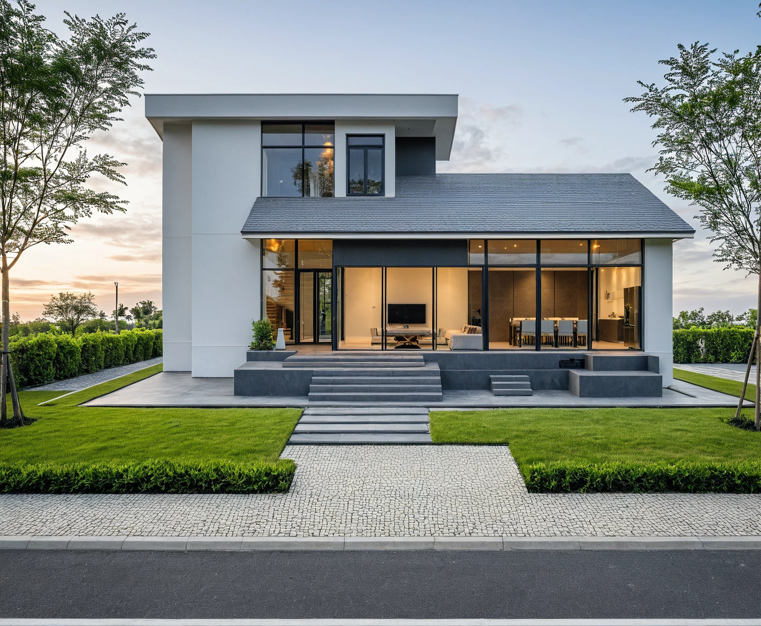 Masterpiece, high quality, best quality, authentic, super detail, outdoors, onestoreyvillaXL, aiaigroup, house style modern on the street ,stairs, white wall ,road,pavement, grass, trees, sky, cloud, (daylight:1.1)
