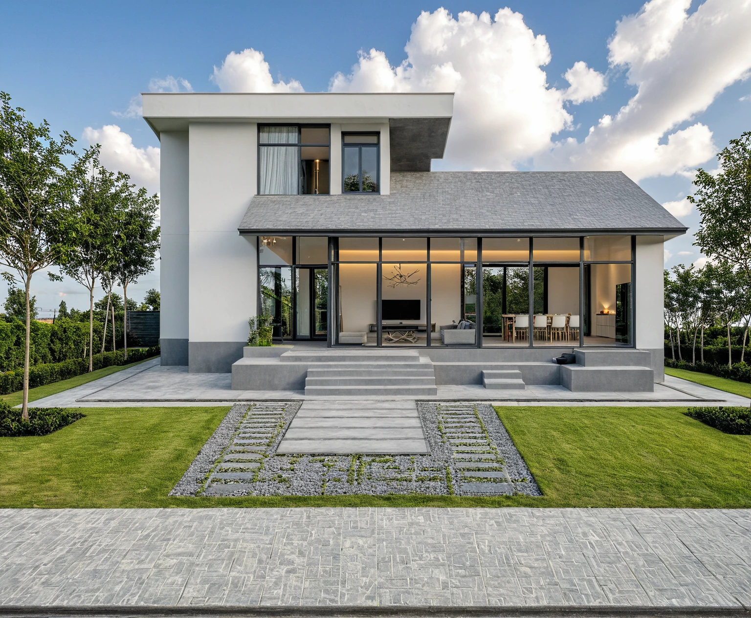 Masterpiece, high quality, best quality, authentic, super detail, outdoors, onestoreyvillaXL, aiaigroup, house style modern on the street ,stairs, white wall ,road,pavement, grass, trees, sky, cloud, (daylight:1.1)
