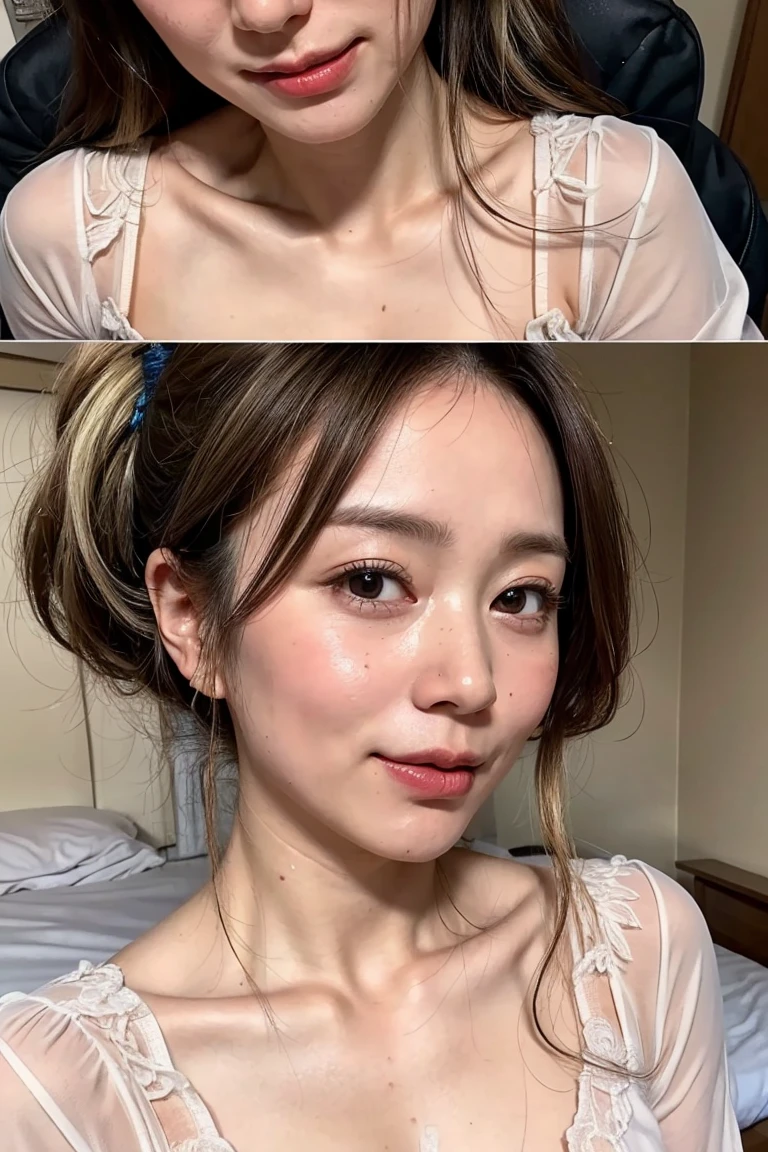 (Realistic:1.3、Ultra HD、Ultra-high resolution、8K、Japanese Housewife、寝室でBlowjobチオをするMature Woman:1.5、At the bed)、((Look Viewer:1.8))、(Extremely realistic skin texture:1.4)、(Realistic:1.3)、short hair、((Embarrassed expression:1.5))、(blonde:1.5)、48-year-old woman、Mature Woman、Ponytail Hairstyles、(Brown eyes:1.3)、(Face close-up:1.38)、(Sweaty:1.2)、(Nipplesを見せる)、((衣服から突き出たNipples,))、dress、美しいNipples、Nipples、(Shooting from the side:1.1)、Drooling、((Facial:1.4、Blowjob、Facial ejaculation:1.4、Bukkake))