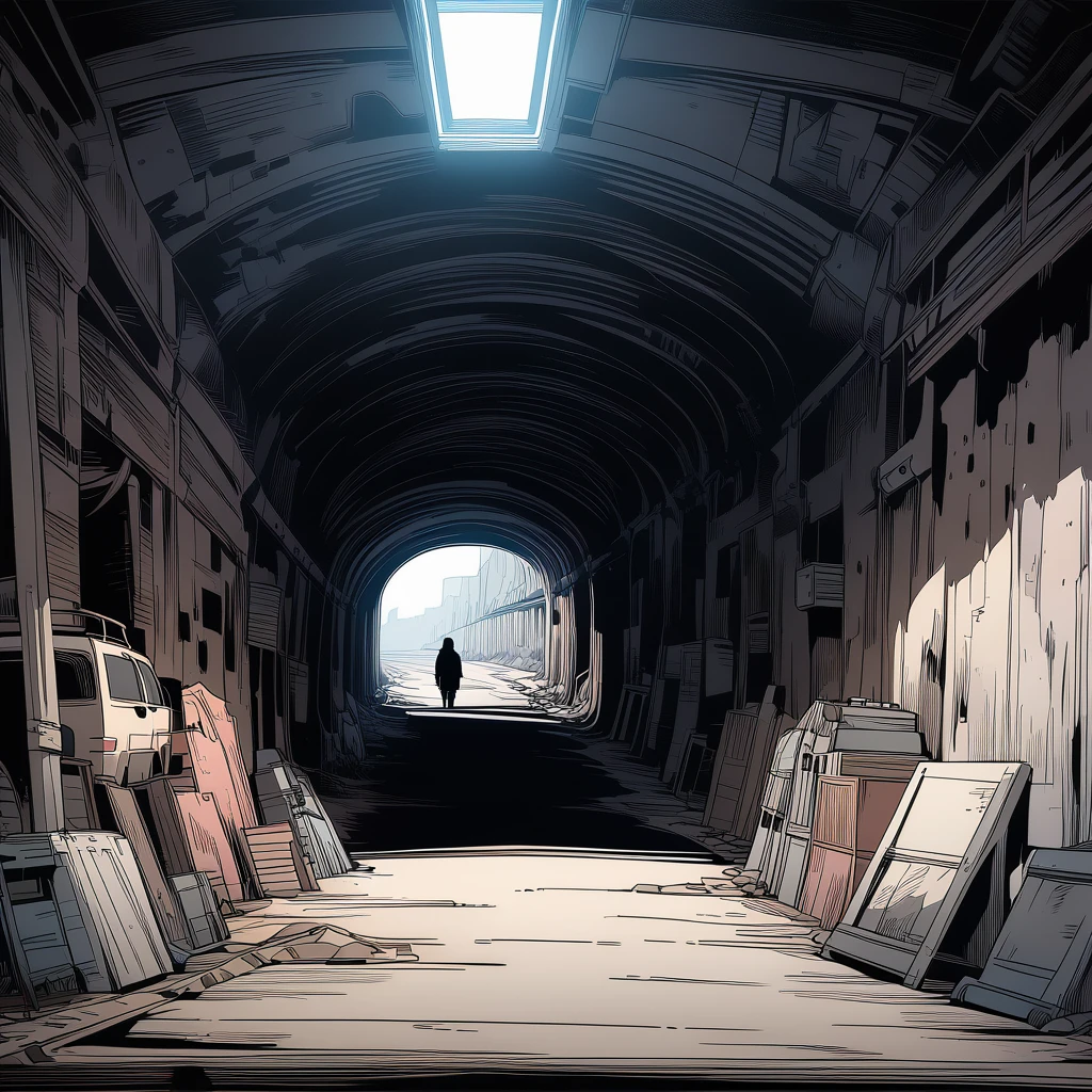 masterpiece, best quality, color, line drawing, dark tunnel, SUV parked on road, creepy place, digital illustration style, stunning art style, stylized digital illustration, detailed digital illustration, digital cartoon painting art,