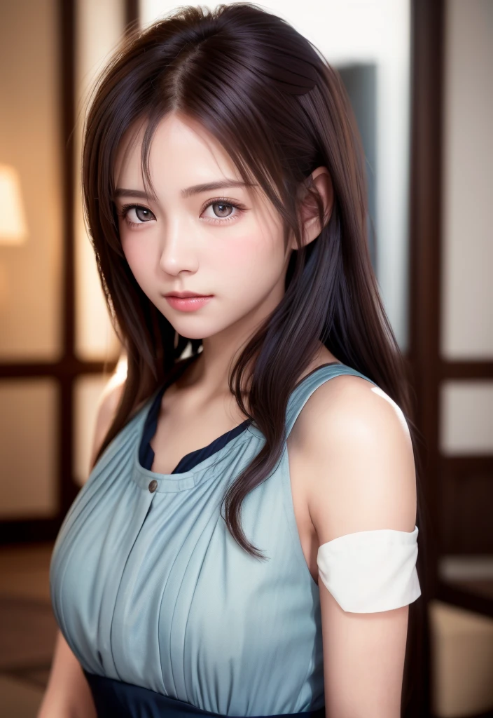 8K, of the highest quality, masutepiece:1.2), (Realistic, Photorealsitic:1.37), of the highest quality, masutepiece, Beautiful young woman, Pensive expression,、A charming、and an inviting look, Cute Maid Clothes, Hair tied back, Cinematic background, Light skin tone