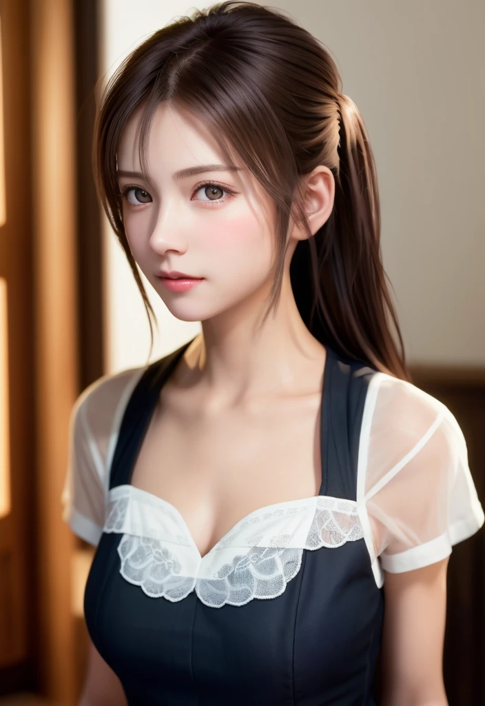 8K, of the highest quality, masutepiece:1.2), (Realistic, Photorealsitic:1.37), of the highest quality, masutepiece, Beautiful young woman, Pensive expression,、A charming、and an inviting look, Cute Maid Clothes, Hair tied back, Cinematic background, Light skin tone