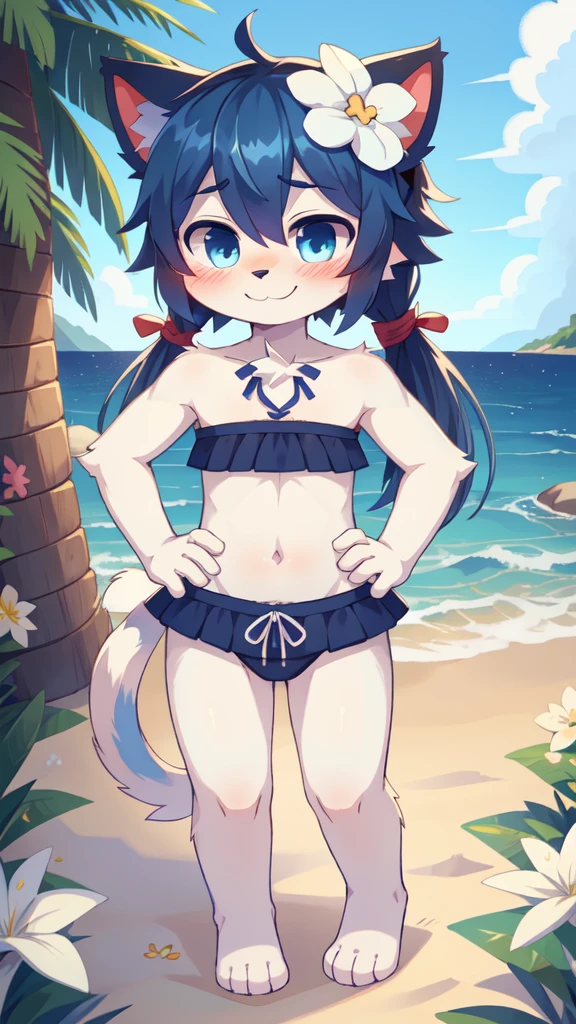 score_9,score_8_up,score_7_up, source_cartoon, source_furry, cat boy, cat tail, dark blue hair, hair over one eye, high long ponytail with volume, furry, blush, looking at viewer, smile, 1boy, cat ears, furry male, white body fur, ((flower on hair, dark blue strapless fringed bandeau bikini)), beach, clear sky, blue eyes, blush, shy, navel, femboy, full body, feets with three toes, three toes, standing, hands on hips,