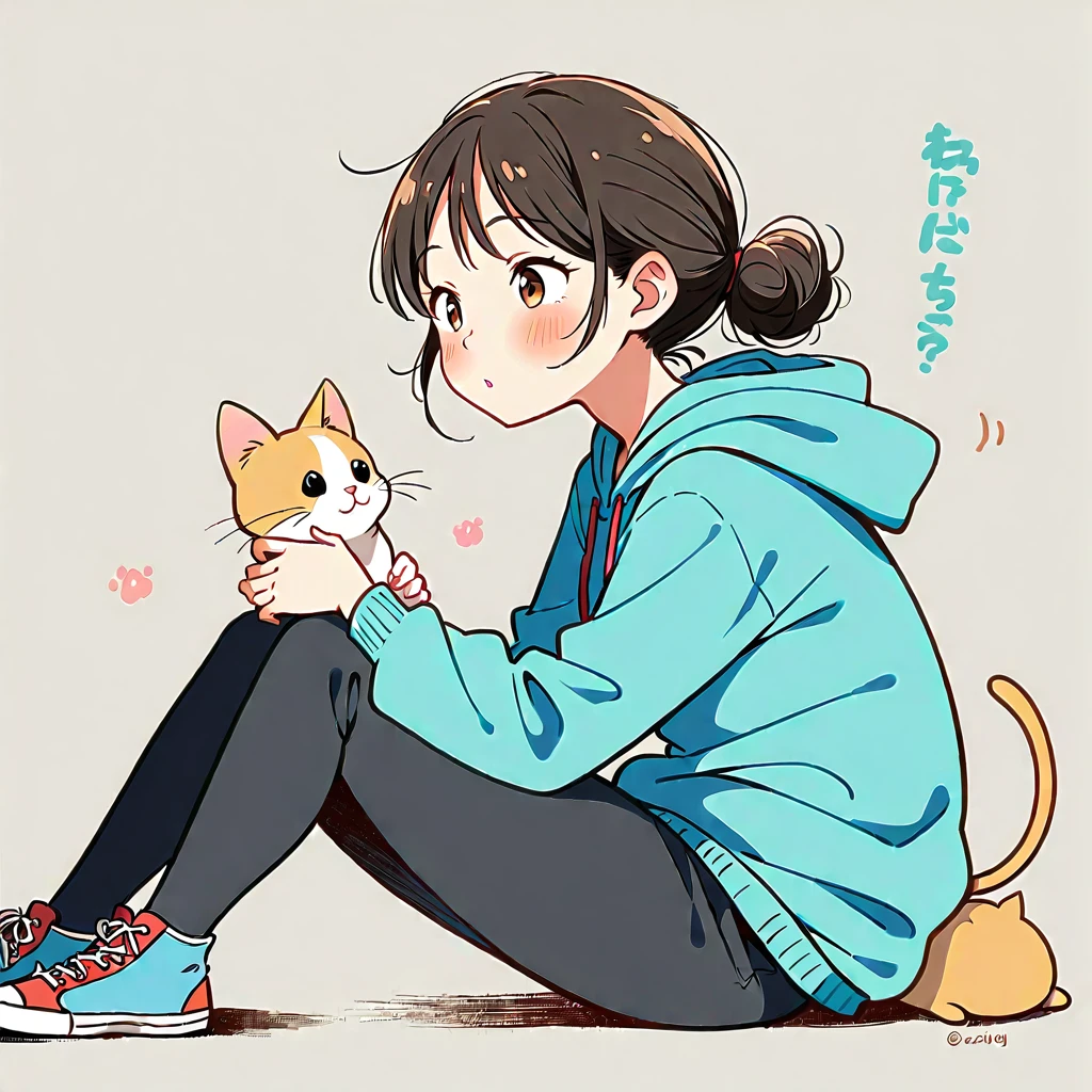 1 Girl, blush, Black Hair, Long sleeve, Brown eyes, shoe, Pants, hood, Hair Bun, from the side, hoodie, contour, animal, black Pants, sit on the floor, single Hair Bun, Two kittens,One of the fat cats, hood down, 运动shoe, 粉色shoe类,blue hoodie,Eye contact with the kitten
