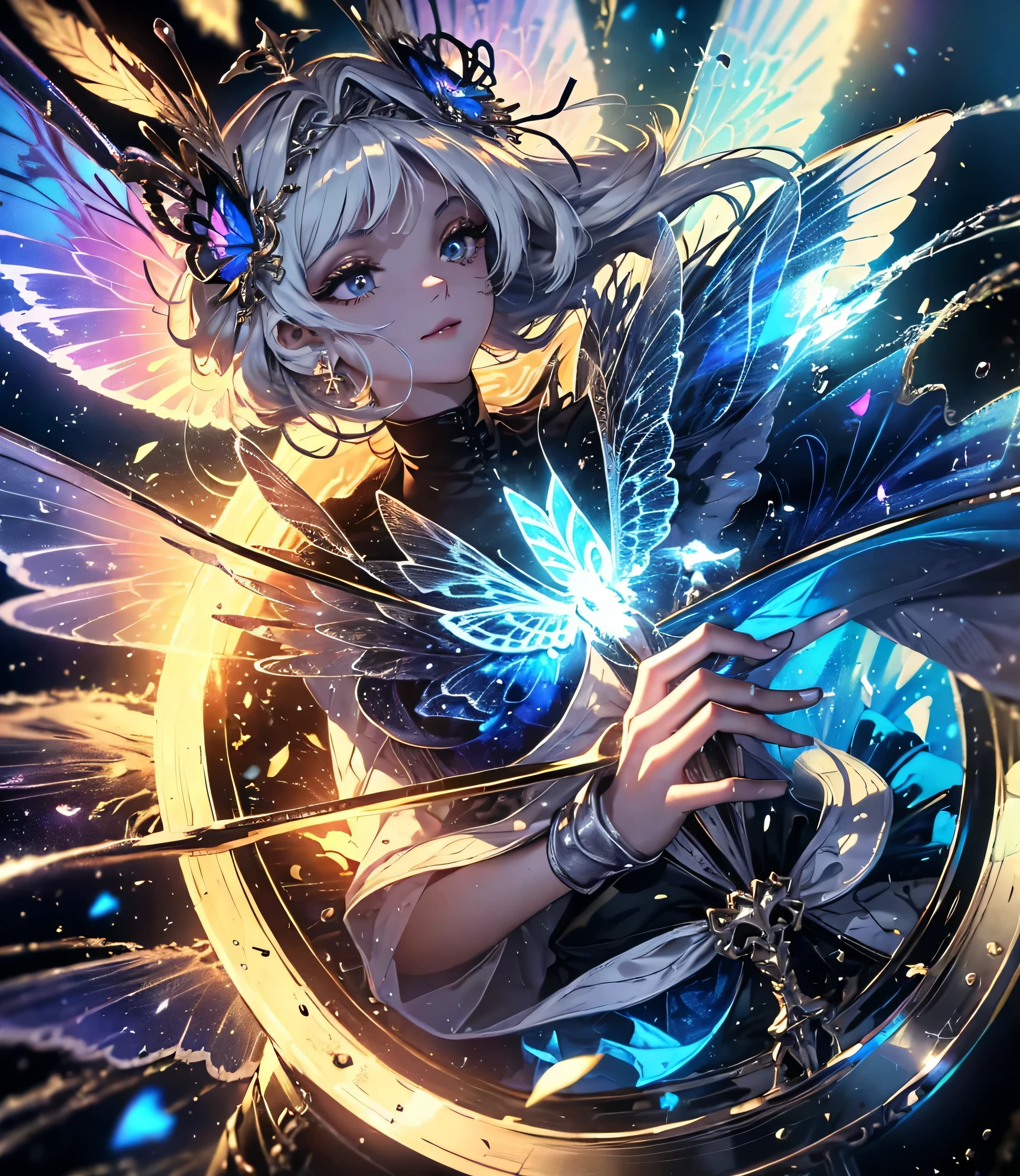 (((Masterpiece))), (((Best quality))), ((Ultra-detailed)),(Highly detailed CG illustration), ((An extremely delicate and beautiful)),Cinematic light, Create stunning fantasy artwork，fairy fantasy，the Flower Fairy，Transparent butterfly wings，Fairy stick，Lots of flowers，Lots of colouring butterflies, A skirt blown by the wind，Fluttering strands of rainbow hair，Side Body，ventania:1.3，dyna，brightly colored，Exudes an aura of mystery and magic. Pay close attention to intricate facial features, For example, mesmerizing eyes，smile，brightly， The character's clothes should be designed to be as light as the wings of a cicada， Subtle iridescent details. Blend in with fantastic colors, Dynamic lighting, and detailed background elements，Consider the latest trends in fantasy art, such as incorporating unique lighting effects, Explore dynamic and engaging composition techniques, And try a unique color palette. Take inspiration from top artists on ArtStation and Midjourney. camera: Choose an angle that highlights the beauty of your character，Enhance the magical majesty of the artwork. lighting: Use atmospheric lighting technology to create depth and atmosphere. Resolution: Aim for high-resolution artwork，to showcase intricate detail and clarity. Artistic inspiration: Get inspiration from popular artists on ArtStation, Explore different styles