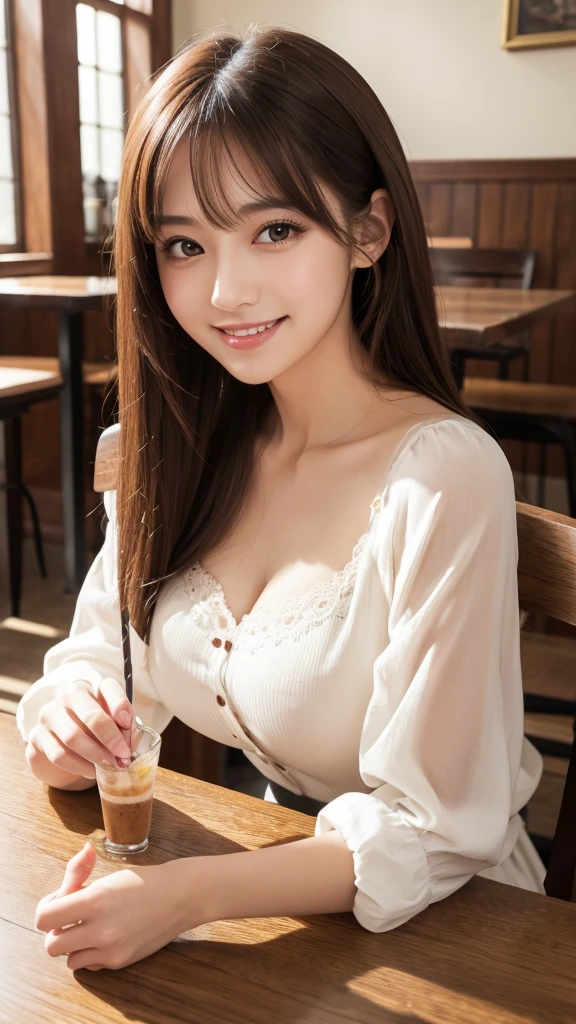 masutepiece, Best Quality, Illustration, Ultra-detailed, finely detail, hight resolution, 8K Wallpaper, Perfect dynamic composition, 1 beautiful girl, Beautiful detailed eyes, Girly blouse, Medium Hair, Normal breasts, Natural Color Lip, Random Poses, Smile, Open mouth:0.8, fashionable cafe, 20 years girl, sit, Chocolate parfait in a vertically elongated glass on the table,