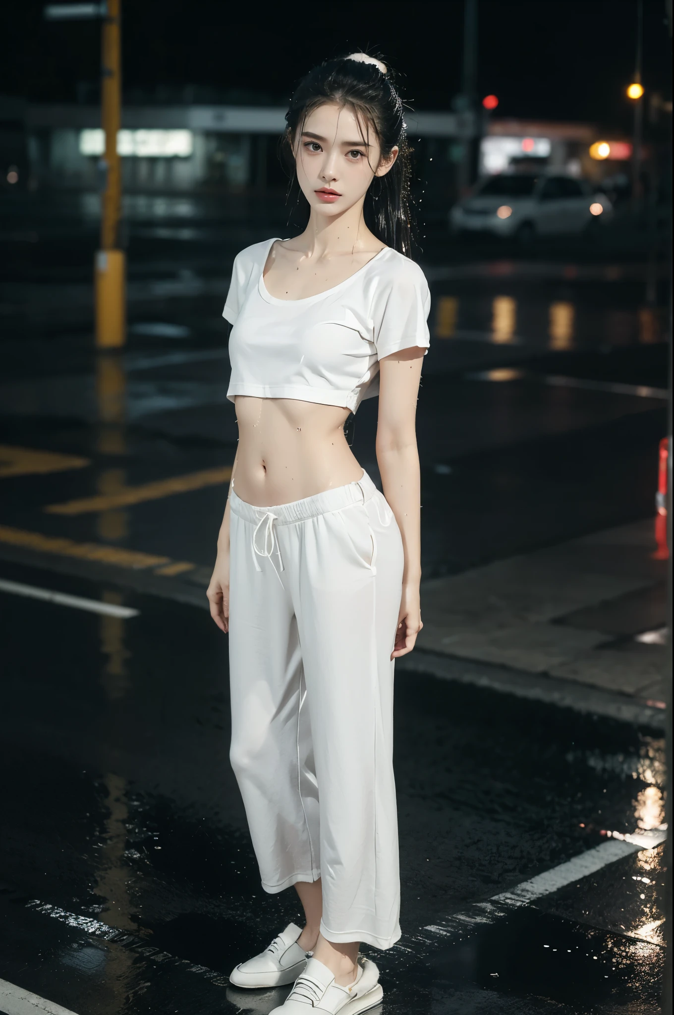 (((best quality))),(((ultra detailed))),(((masterpiece))),illustration,((1 beautiful girl,solo)),((slim,thin)),short ponytail,((small breasts,flat chest)),white short-sleeved shirt,navel,pink floral pants,slender legs,white socks,slippers,rainy night, heavy rain, drenched clothes, melancholy expression, solitude, tear rolling down cheek, wet hair, empty streets, dimly lit, deserted environment, sound of rain, footsteps, symbol of hope, abandoned, resilience, determination, walking in rain, heartbreak, loss, love fading, loneliness, body language, facial expression, dreary atmosphere, rain-soaked streets, somber mood, viewer engagement,from front,urban scape,night scene,(((wet,sweat,shiny skin))),((from front,upper body,standing,arms behind back)),