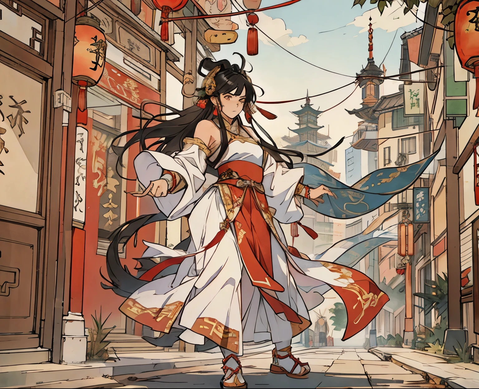 Best quality, 4K, solo, (anime: 1.2), male, ager, with a Chinese dragon horn on the head, earrings on the ears, bracelets on the wrists, (metal ankle rings on the ankles: 0.8), ancient Chinese style, (full body: 0.2), (bare shoulder: 0.8), long hair, (fair skin: 1.5), dance moves
