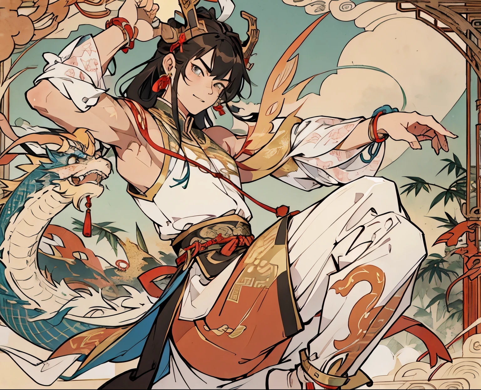 Best quality, 4K, solo, (anime: 1.2), male, teenager, with a Chinese dragon horn on the head, earrings on the ears, bracelets on the wrists, (metal ankle rings on the ankles: 0.8), ancient Chinese style, (full body: 0.2), (bare shoulder: 0.8), long hair, (fair skin: 1.5), dance moves