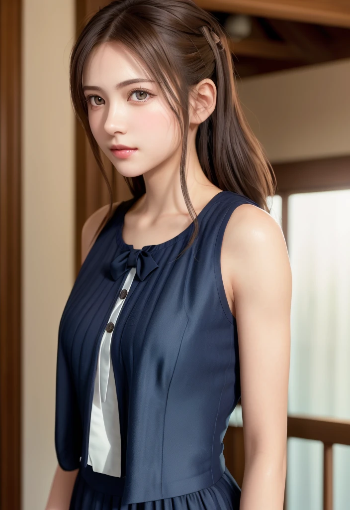 8K, of the highest quality, masutepiece:1.2), (Realistic, Photorealsitic:1.37), of the highest quality, masutepiece, Beautiful young woman, Pensive expression,、A charming、and an inviting look, Cute Maid Clothes, Hair tied back, Cinematic background, Light skin tone