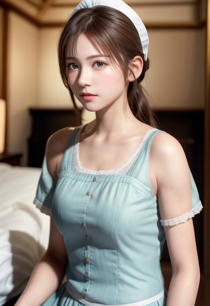 8K, of the highest quality, masutepiece:1.2), (Realistic, Photorealsitic:1.37), of the highest quality, masutepiece, Beautiful young woman, Pensive expression,、A charming、and an inviting look, Cute Maid Clothes, Hair tied back, Cinematic background, Light skin tone