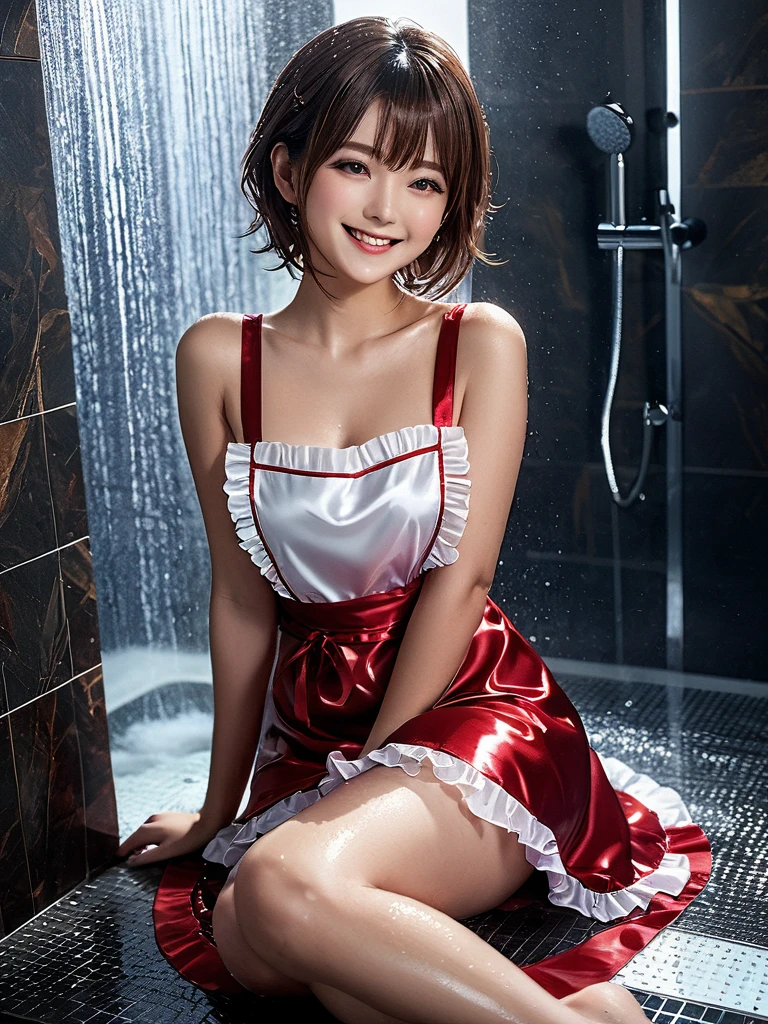 product quality, 1girl, full body shot, front view, a Japanese young pretty girl, shoulder length hair, wearing only a silky satin deep red apron with white frills over her naked body with a big smile, sitting in a luxury shower room, glamorous figure, wet hair, wet body, busty, hyper cute face, glossy lips, double eyelids in both eyes, natural makeup, long eyelashes, shiny smooth light brown hair, asymmetrical bangs, fair skin, central image, high resolution, high detail, detailed hairstyle, detailed face, cinematic lighting, octane rendering, vibrant, hyper realistic, perfect limbs, perfect anatomy