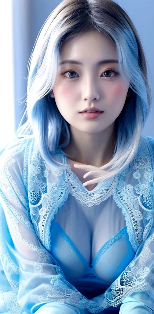 (The color of the clothes is light blue、Sexy in lace、See-through:1.2)、The background is also light blue.、Large Breasts:0.4、Japanese、22 years old