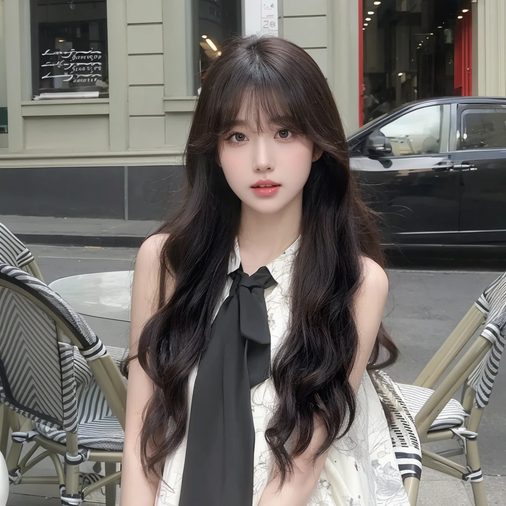 Air bangs long curly hair,Long curly black brown hair,Natural and beautiful hair,The background is simple and clean,uniform hair color
