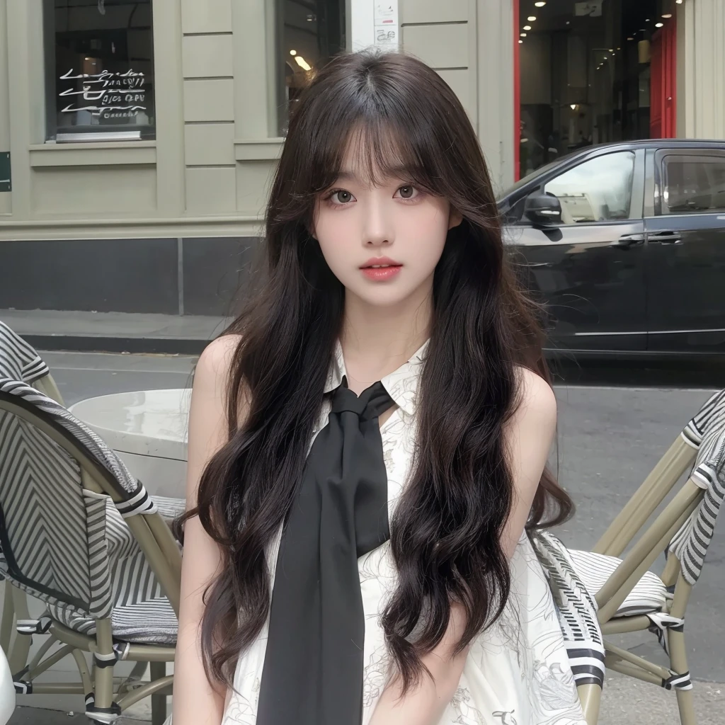 Air bangs long curly hair,Long curly black brown hair,Natural and beautiful hair,The background is simple and clean,uniform hair color