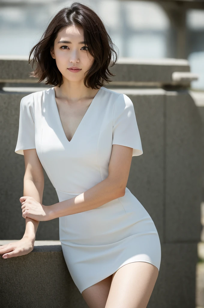 You are a professional photographer。 , short hair blown by the wind. She has a faint smile , Perfect Eyes, Perfect hands, Perfect body, Perfect Hair, Accurate身体, masterpiece, Accurate, Anatomically correct, Rough skin, Very detailed, Advanced Details, high quality, 最high quality, High resolution, 16K, 8K, Looking into the camera,Bold fitted dress、Thighs、Pearl White