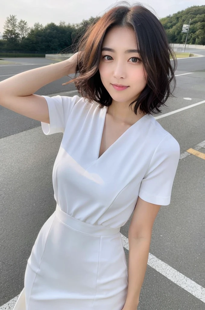 You are a professional photographer。 , short hair blown by the wind. She has a faint smile , Perfect Eyes, Perfect hands, Perfect body, Perfect Hair, Accurate身体, masterpiece, Accurate, Anatomically correct, Rough skin, Very detailed, Advanced Details, high quality, 最high quality, High resolution, 16K, 8K, Looking into the camera,Bold fitted dress、Thighs、Pearl White