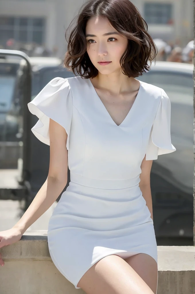 You are a professional photographer。 , short hair blown by the wind. She has a faint smile , Perfect Eyes, Perfect hands, Perfect body, Perfect Hair, Accurate身体, masterpiece, Accurate, Anatomically correct, Rough skin, Very detailed, Advanced Details, high quality, 最high quality, High resolution, 16K, 8K, Looking into the camera,Bold fitted dress、Thighs、Pearl White