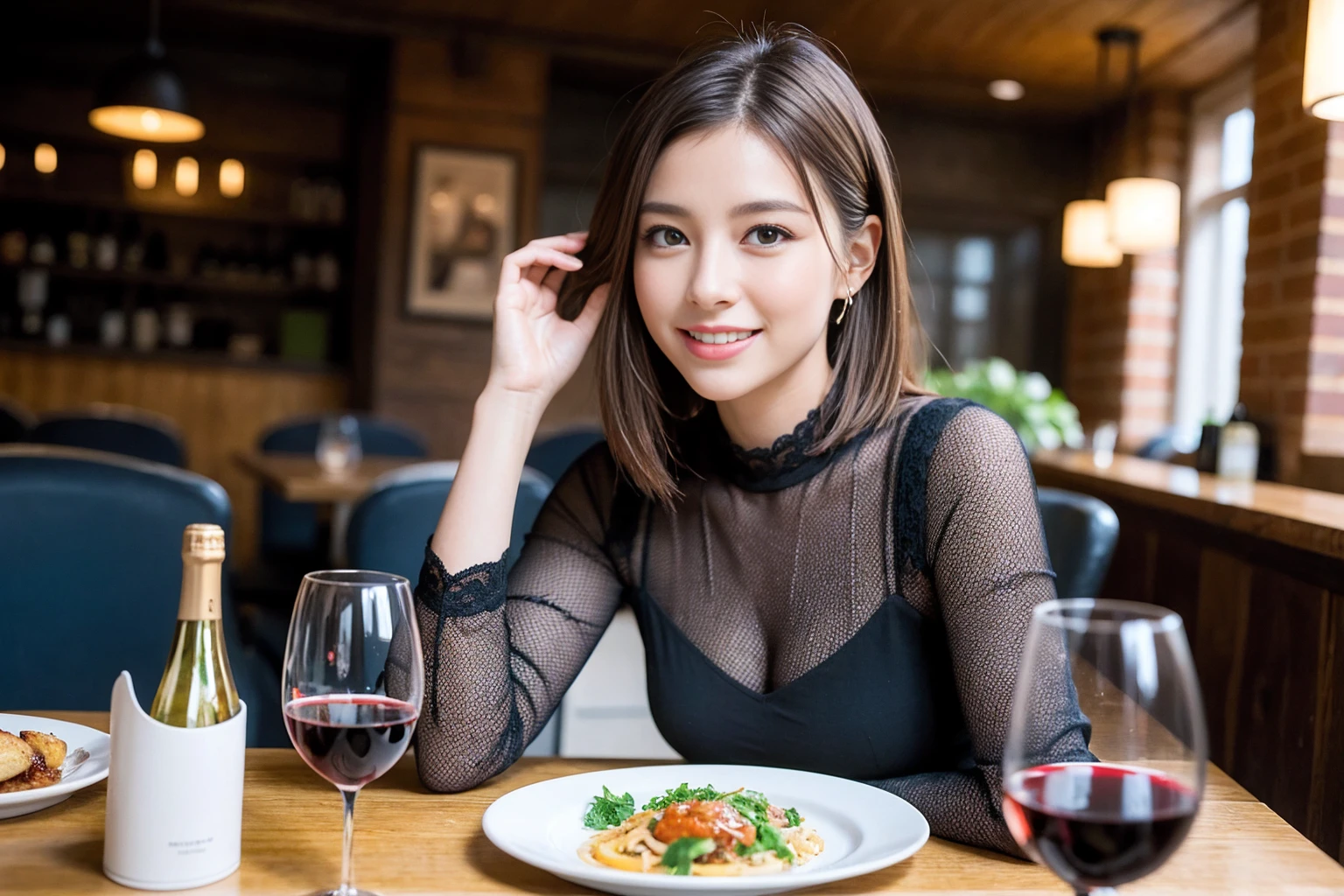 ((Highest quality、8K、masterpiece:1.3))、slimカップル、modelカップル、(Realistic, Intricate details:1.2), full-course dinner、Wine Party、Amazing view of the sunset sky and clouds、A bright smile、The wonderfulness of smile、Bright image、The beauty of wine, Beautiful Face, blue eyes, The light shines on your face, Blushing, short hair,Bright Face、 (Age 37), 39 years old, red wine 、Appetizers、Italian food、Wine bottle、Champagne、sparkling wine、Two beauties、Brown Hair、Shortcuts、Long sleeve shirt、dress、Beautiful woman 1, (slimな顔), (The body is slim), (Brown Hair), (Shortcuts), cheeks turn a little red,Attractive beauty、restaurant, In a prominent place (From the waist up) Nova Frog Style, actress, model, Upper Body, White wine, slim, wine glass, 中央に置かれたwine glass, smile, (smile: 1.15), Beautiful fine grain, Depth f/2,saturation, High Contrast, Strong light and shadow,Moist Body:1.5、3D texture、Delicate eyes、Brown Hair、The hair is very shiny、
