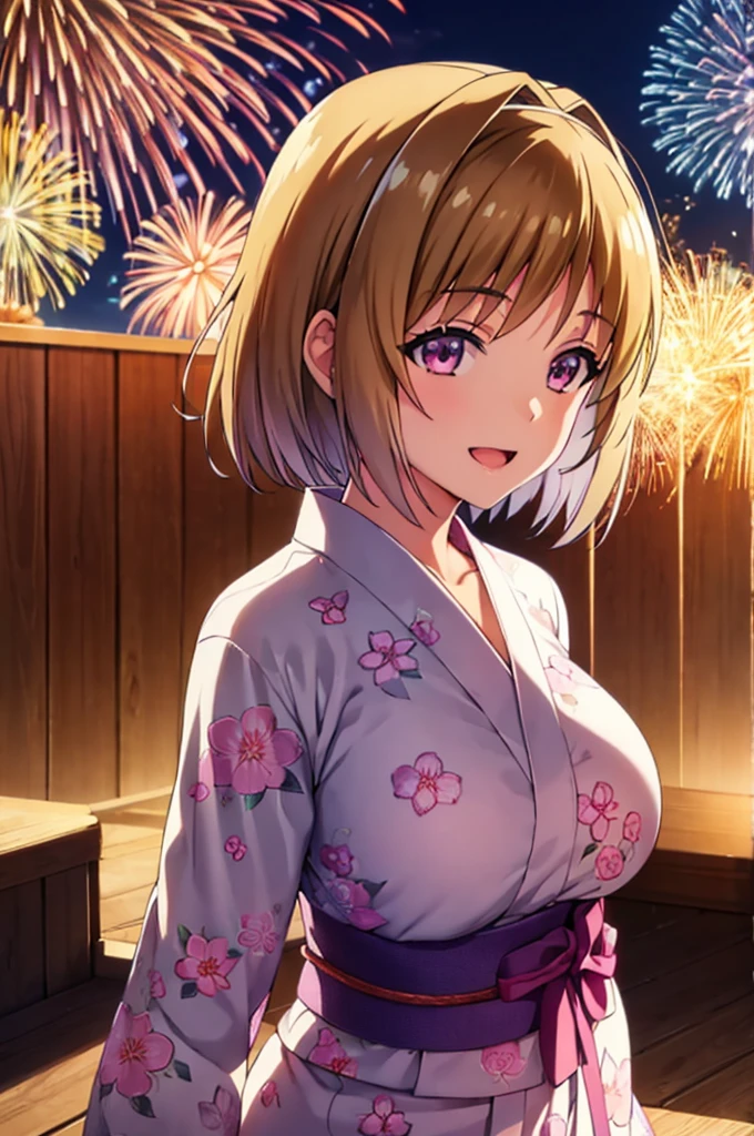 (masterpiece:1.3), (best quality:1.1), (8k, ultra detailed, ultra high res:1.2), ((anime style)), (perfect 5 fingers, perfect anatomy:1.1),
1girl,
Kushida Kikyou, smile, open mouth, (hand on own chest:1.1),
BREAK short hair, bronze hair, purple eyes,
large breasts, looking at viewer, upper body, BREAK detail background, outdoor, outside, (floral pattern yukata:1.2), (late night:1.1), sky, (fireworks in night sky:1.1), (night sky:1.1), big fireworks,