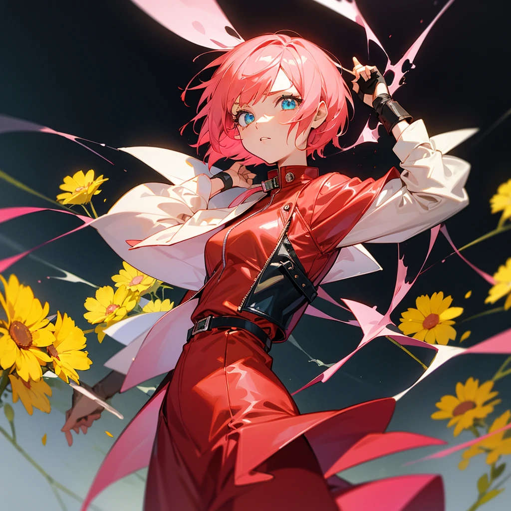 Generate an anime girl, short pink hair, one yellow eye and one blue eye, leather jacket and red dress, with a background of yellow flowers