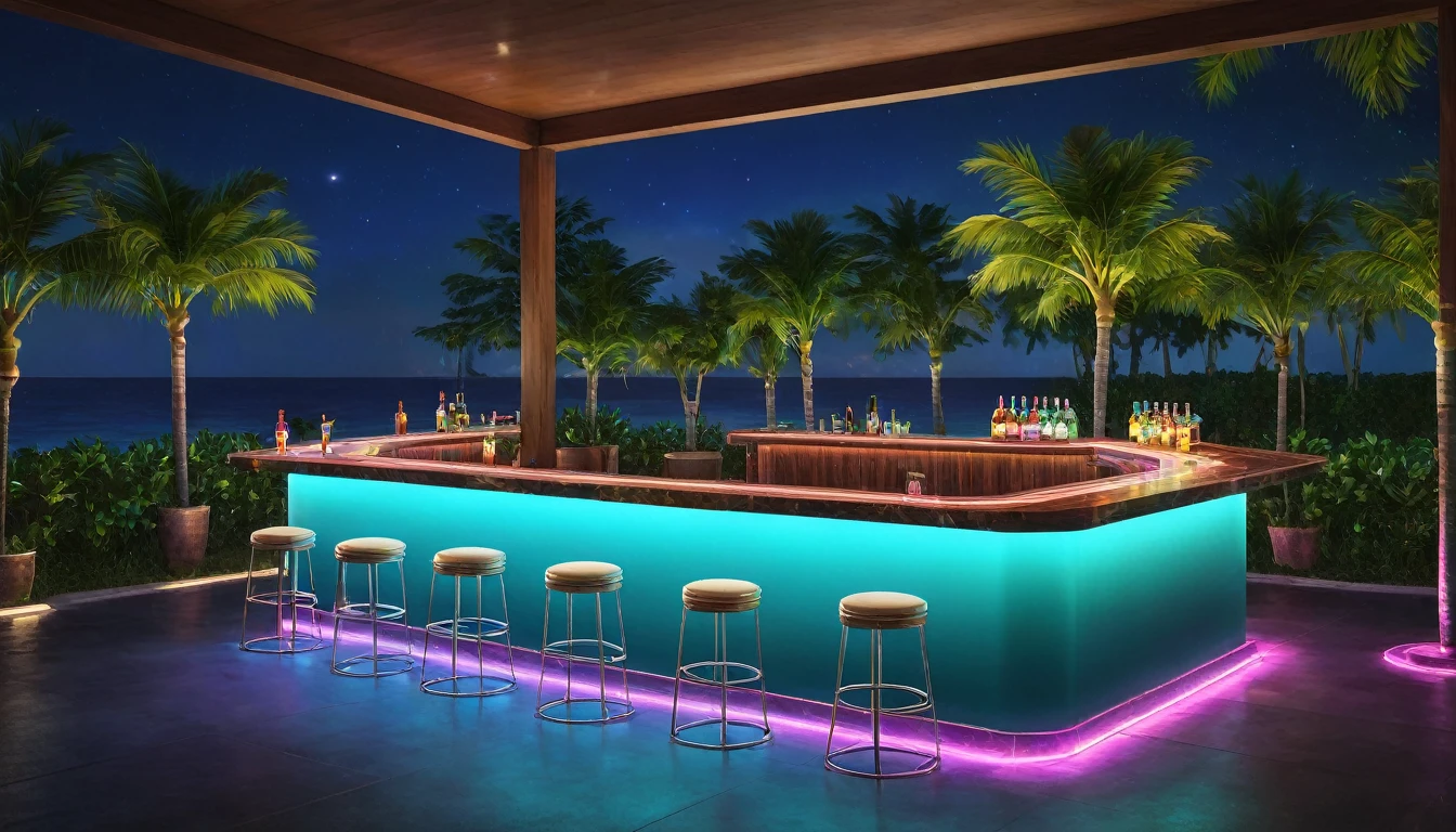Create a digital illustration of an outdoor bar situated on an island in the middle of a resort hotel's pool during nighttime. The bar is positioned front and center, featuring a sleek, modern design with a polished wood and marble counter. The bar is illuminated with vibrant neon lights, creating a colorful and lively atmosphere. Comfortable bar stools surround the counter, and tropical plants add to the decor. The clear, turquoise pool water reflects the neon lights and the night sky, while guests enjoy colorful cocktails, enhancing the serene and upscale ambiance of the resort.