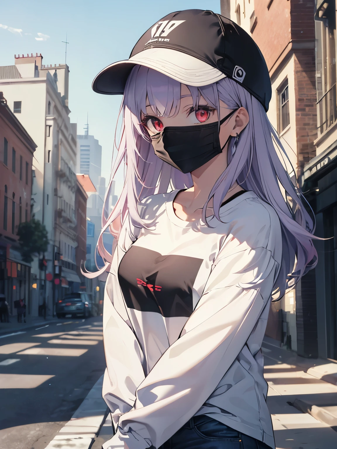 (Close-up:1.3),Realistic,highest quality, Super detailed, High-quality CG rendering, The most delicate and beautiful, Floating softly, High resolution, (1 female), (highest quality,4K,8k,masterpiece:1.2), Light purple hair,Long Hair,Red eyes,(White oversized long sleeve T-shirt:1.3),(Black skinny pants:1.3),(White cap:1.3),In the city,old buildings,(Black Mask:1.4),(Upper Body:1.3),