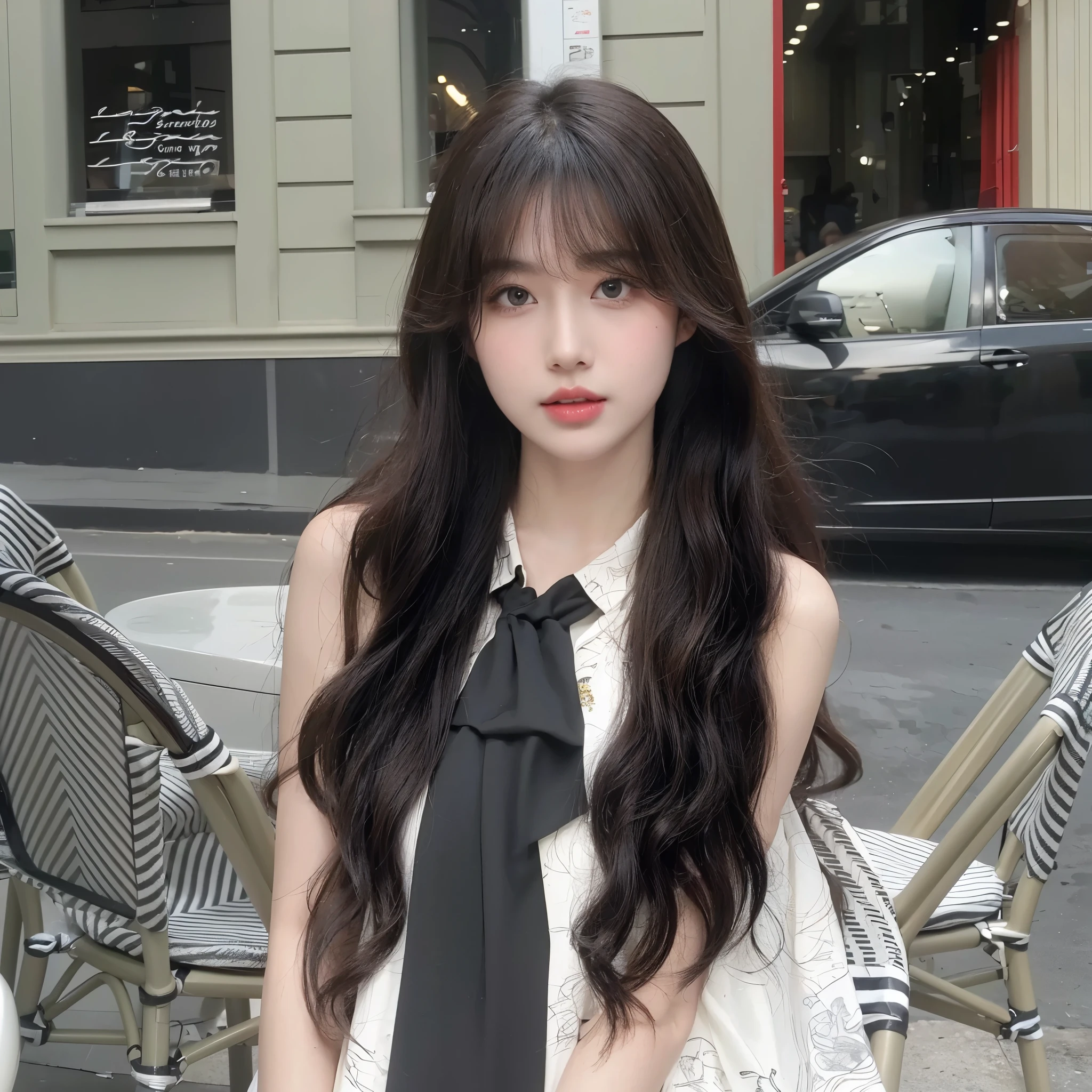 Air bangs long curly hair，Long curly black brown hair，Natural and beautiful hair，The background is simple and clean，uniform hair color