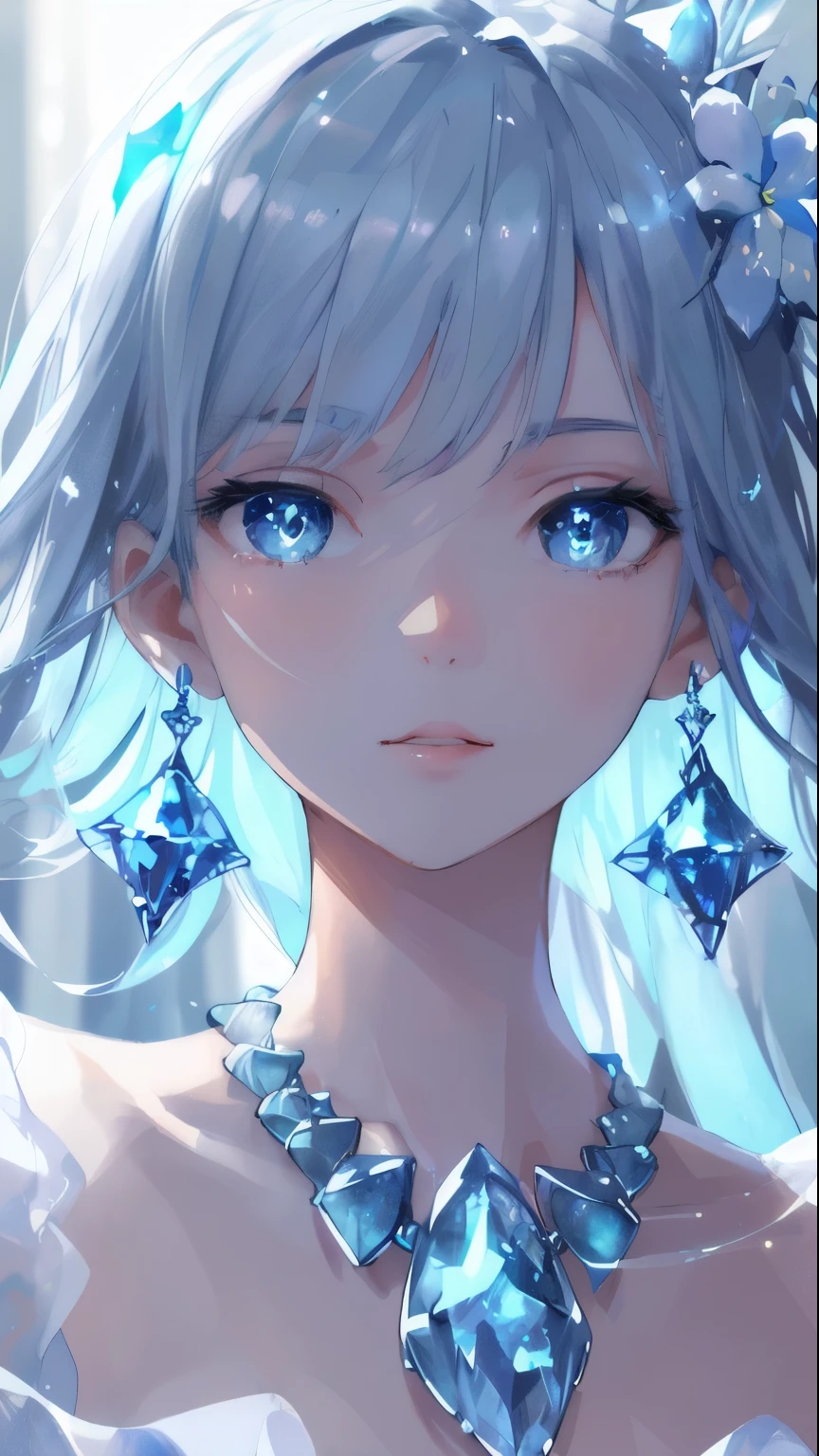masterpiece, best quality, illustration, sax blue, platinum earrings, platinum necklace, white dress, 1girl, cute, (dynamic lighting:1.2), cinematic lighting, delicate facial features, detailed eyes, sharp pupils, realistic pupils, depth of field, bokeh, sharp focus, (hyper-detailed, bloom, glow:1.4), many small gems