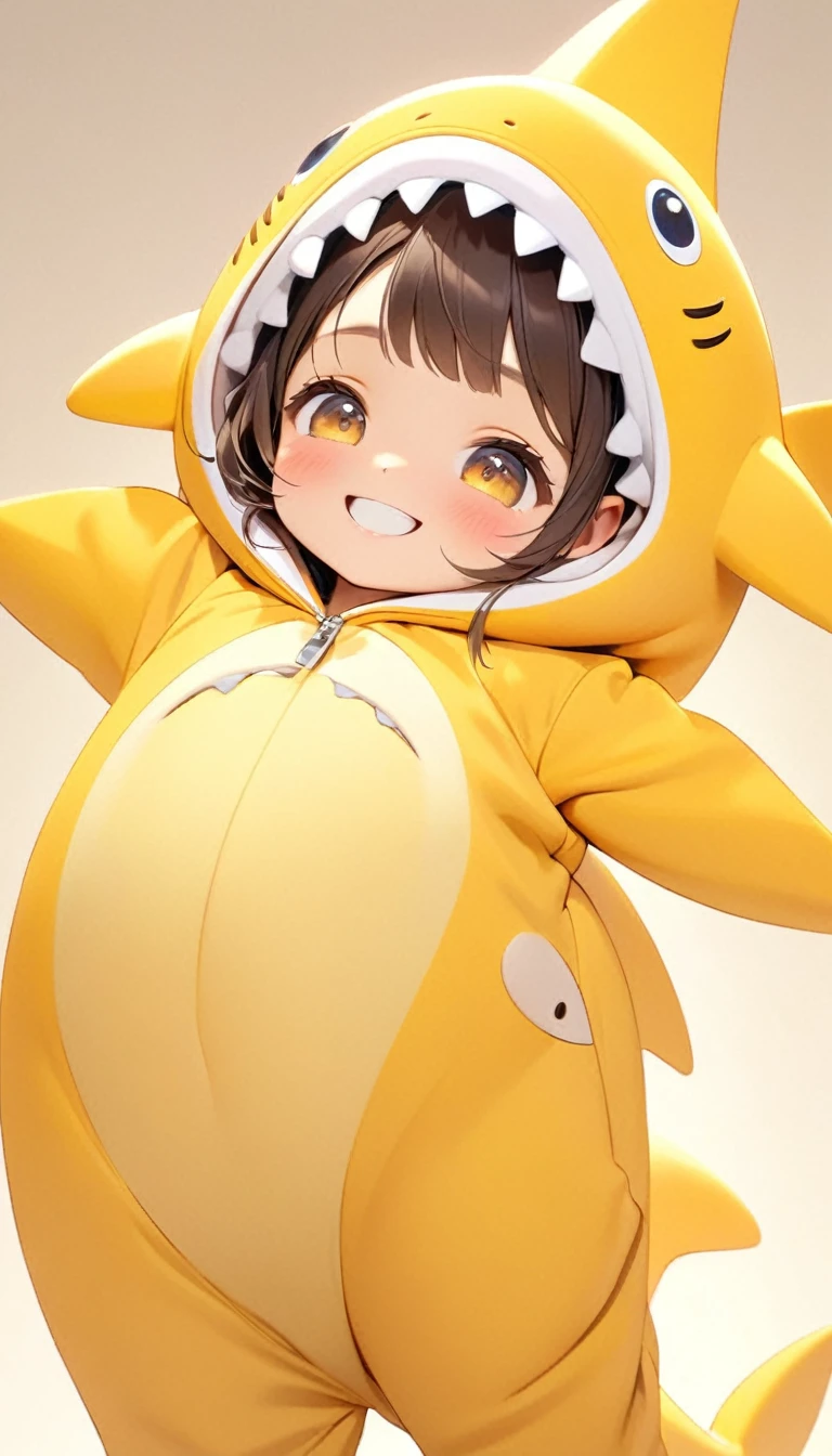 A cute , Wearing a cute yellow shark costume, Tilt your head and look at people with a smile.Close-up of character( Perfect anatomical structure )The whole body is perfectly presented and beautiful and the texture is extremely delicate,detailed, bright, Animation style high definition and high quality presentation