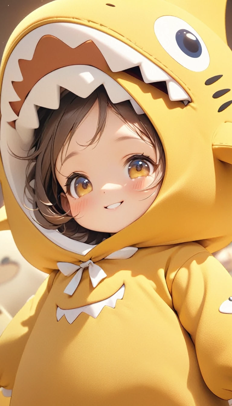 A cute , Wearing a cute yellow shark costume, Tilt your head and look at people with a smile.Close-up of character( Perfect anatomical structure )The whole body is perfectly presented and beautiful and the texture is extremely delicate,detailed, bright, Animation style high definition and high quality presentation