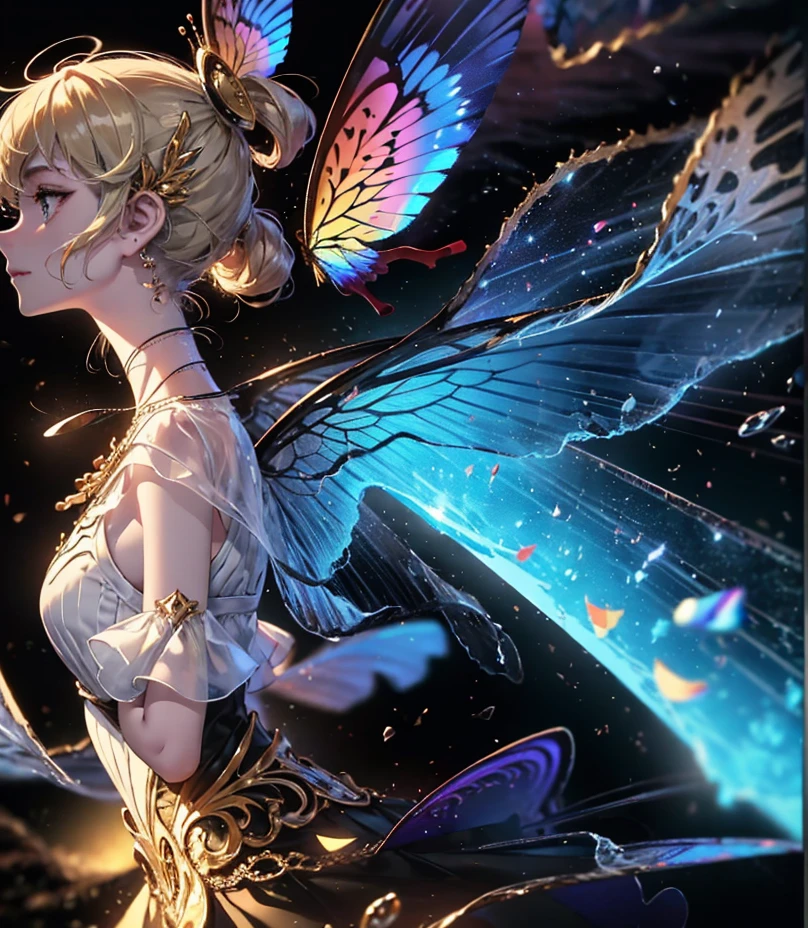 (((Masterpiece))), (((Best quality))), ((Ultra-detailed)),(Highly detailed CG illustration), ((An extremely delicate and beautiful)),Cinematic light, Create stunning fantasy artwork，fairy fantasy，the Flower Fairy，Transparent butterfly wings，Fairy stick，Lots of flowers，Lots of colouring butterflies, A skirt blown by the wind，Fluttering strands of rainbow hair，Side Body，ventania:1.3，dyna，brightly colored，Exudes an aura of mystery and magic. Pay close attention to intricate facial features, For example, mesmerizing eyes，smile，brightly， The character's clothes should be designed to be as light as the wings of a cicada， Subtle iridescent details. Blend in with fantastic colors, Dynamic lighting, and detailed background elements，Consider the latest trends in fantasy art, such as incorporating unique lighting effects, Explore dynamic and engaging composition techniques, And try a unique color palette. Take inspiration from top artists on ArtStation and Midjourney. camera: Choose an angle that highlights the beauty of your character，Enhance the magical majesty of the artwork. lighting: Use atmospheric lighting technology to create depth and atmosphere. Resolution: Aim for high-resolution artwork，to showcase intricate detail and clarity. Artistic inspiration: Get inspiration from popular artists on ArtStation, Explore different styles