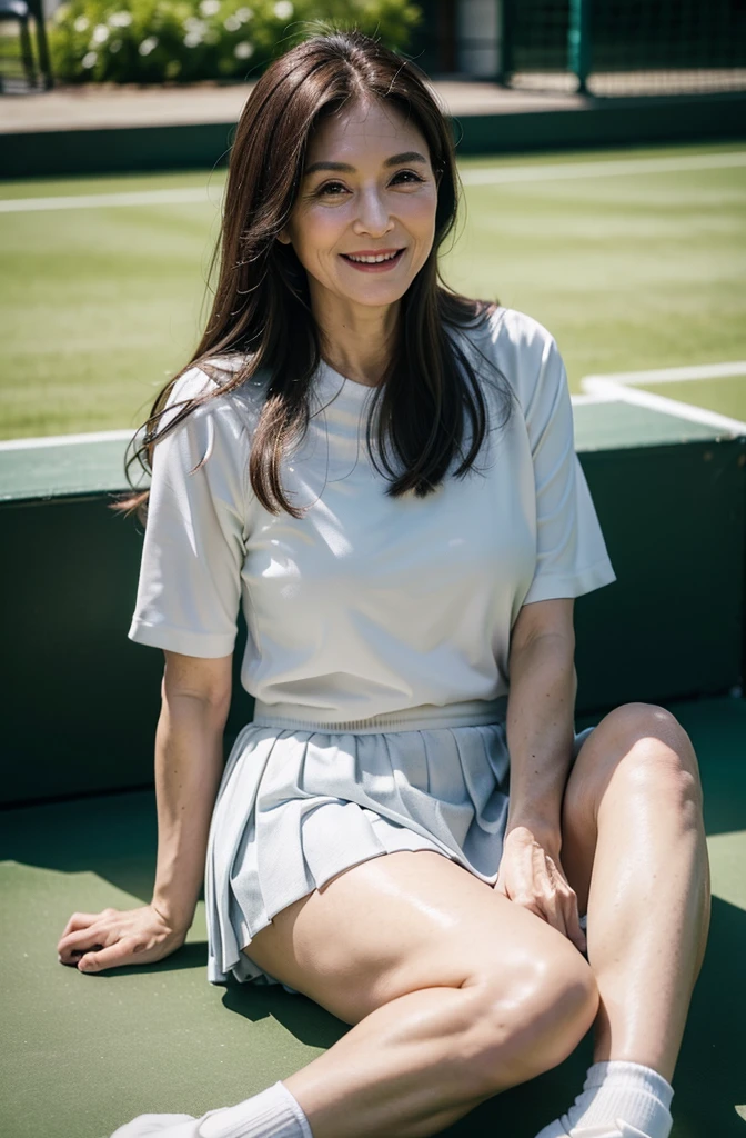 (masterpiece:1.4),(62-year-old woman:1.5),(Facial wrinkles : 1.1), (long hair), (bright smile : 1.2), maternal, Mature Woman, (tennis wear : 1.1), (pleated very-short-skirt : 1.1), (white socks : 1.1), (pale white skin : 1.1), acnes, (plump thighs : 1.2), (upper body is skinny : 1), (beautiful calf : 1), wide hips, small saggy breasts, bright lighting, sitting, tennis coat, (Focus on the feet:1.3)
