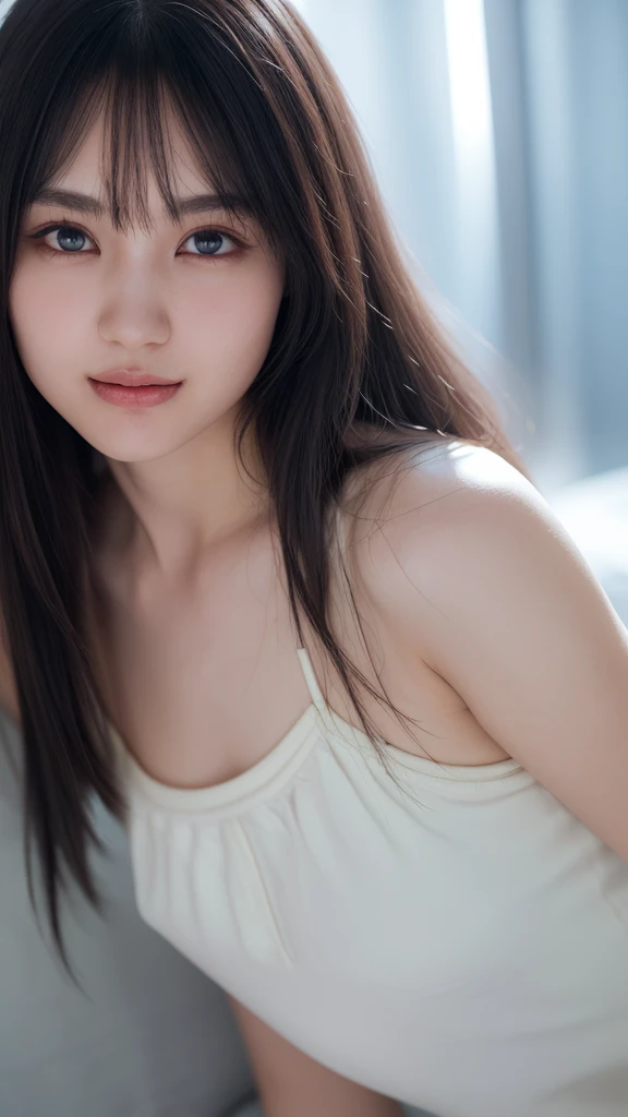 (((smile、Focus on the eyes:1.1、Extremely detailed:1.22、Ultra-high resolution、masterpiece:1.45、Highest quality)))、((((Whole body expression:1.68、camisole、Leaning forward、One person))))、long, straight black hair、So that every single hair is clearly visible、The subtle color changes of hair depending on how the light hits it、 Skin has a natural glow、Fine skin texture、Representing the fine details of pores:1.25、Details of the light redness on the forehead and cheeks、(((Eyes with fine iris details、The eyes depict color gradations and patterns.、Long, natural-looking eyelashes, each and every one visible、Well-groomed eyebrows、眉毛のindivual々The hair is clearly visible、Light reflecting off into the eye、The light in the eyes creates small highlights)))、The nose is delicate、Fine detail on the nostrils、Lips are plump and naturally pink、Depicts the fine lines and soft curves of the lips、lips are shiny and、The gloss on your lips accentuates their shape.、(((Detailed depiction of lip texture、Particular attention to the depiction of light and shadow、Soft natural light gently illuminates the face from the front、A faint glow on the forehead、A slight shine on the nose、A slight glow on the cheeks、Shadows are cast softly along the contours of the face、Accentuate the sides of your cheekbones、Accentuate the sides of the jawline、Emphasize the sides of the nose、The gloss on her lips reflects the light faintly、Lips emphasize the plump texture、The shadow of the hair gives depth and dimension、indivual々The hair shines in the light、