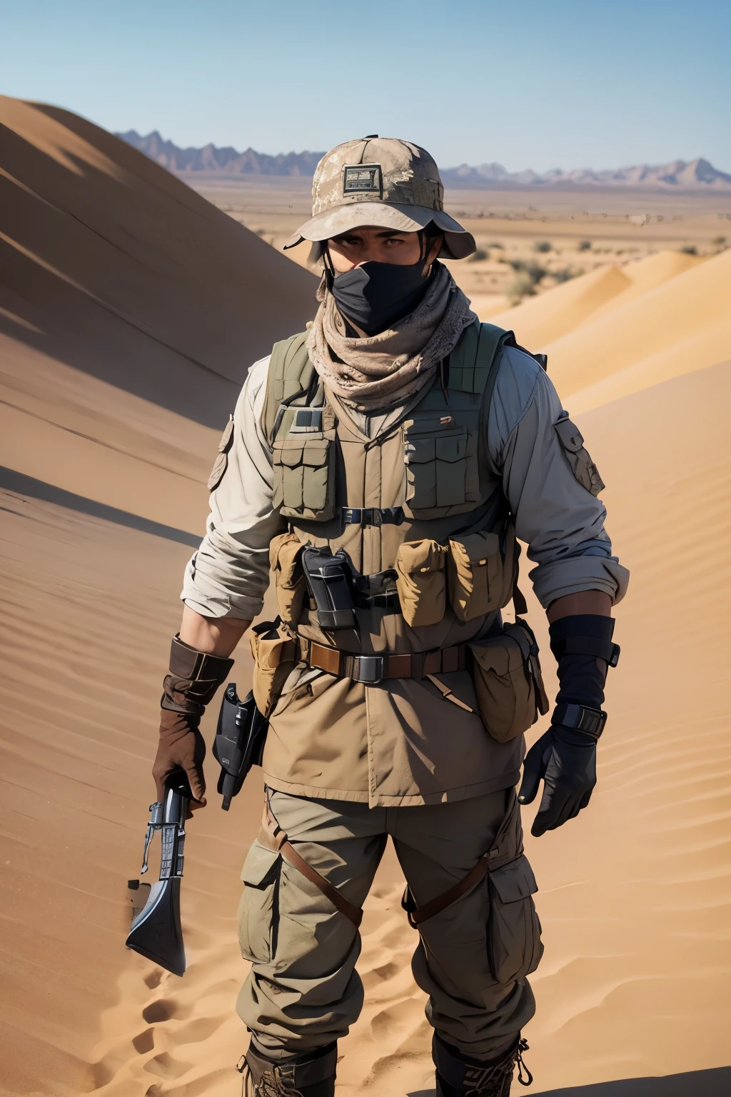 1 man, 35-year old hunter, wearing (desert boonie hat), light grey jacket, (arafat scarf), (armored vest), black half-gloves, sneaky, unshaved, (free hands:1,2), (full length:1.3), desert warzone