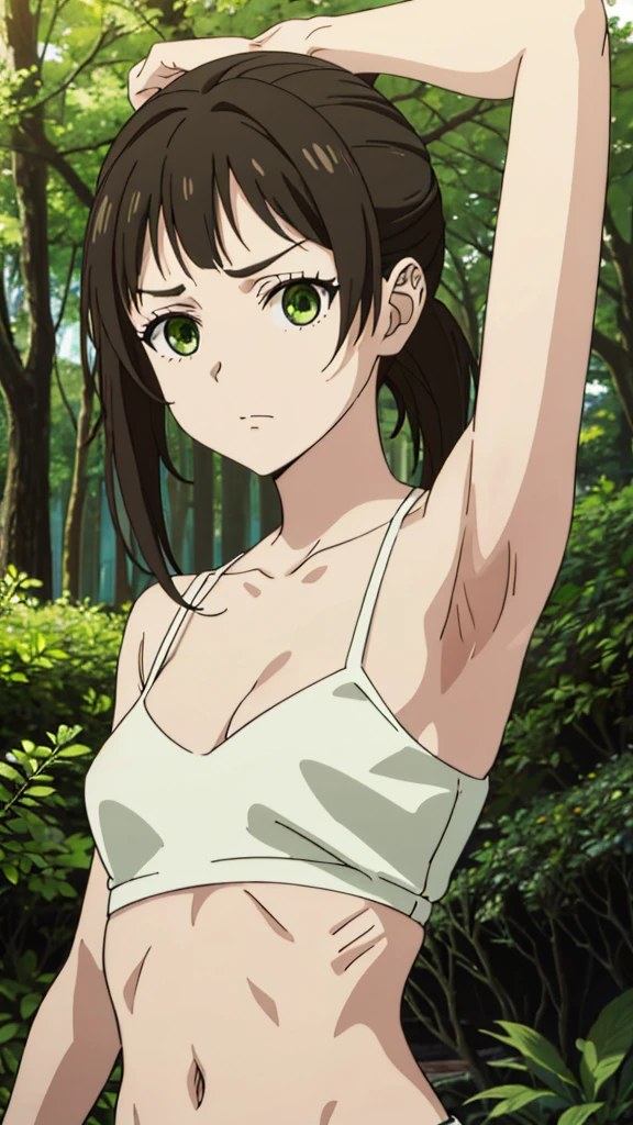 masterpiece, highres, solo, 8k, detailed, perfect face, best quality, (ultra high quality), looking viewers, (armpit), collarbone, bare arm, medium breasts, cleavage, dark brown hair, bangs, ponytail hair, green eyes, belly, stomach, navel, abs, crop tanktop, slim body, upper body, emotionless, flat face, at forest, hands up