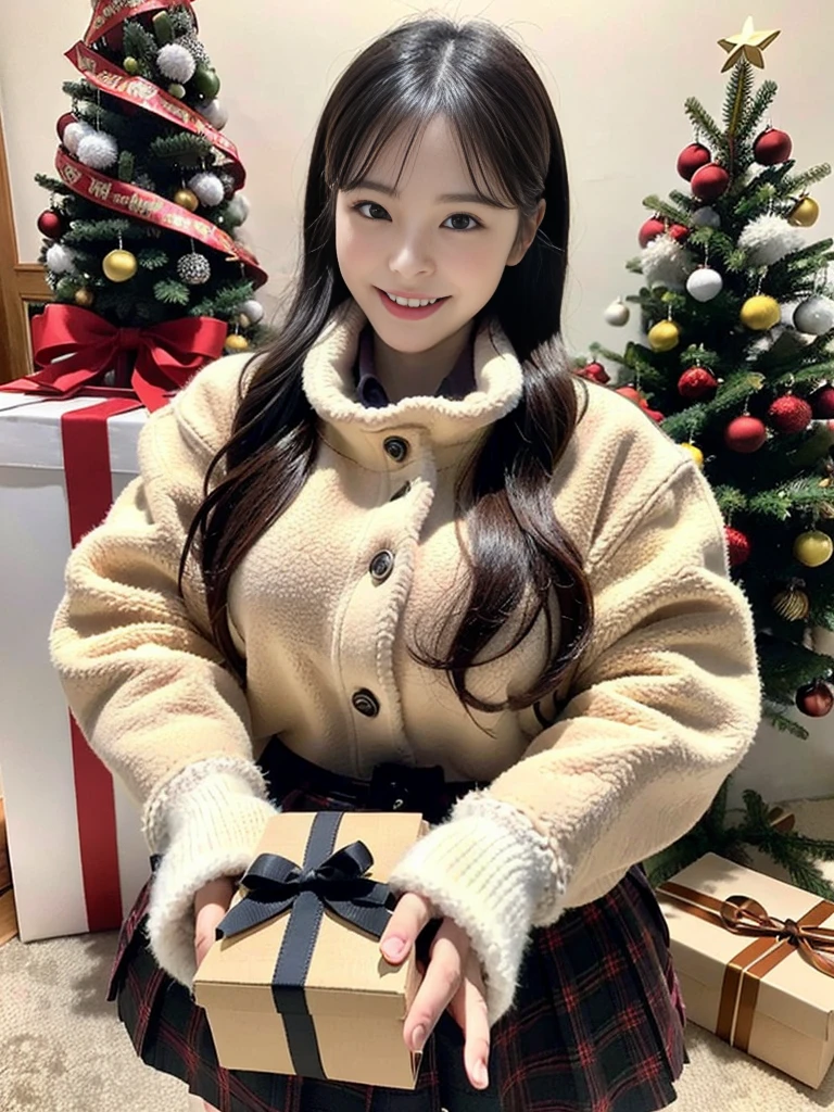 (A photo of a super cute Korean schoolgirl wearing a fleece jacket holding a big gift box:1.2)(grin,smile:1.1)(Beautiful Sweat:1.1)(16K, RAW Photos, Highest quality, masterpiece: 1.2),(Cute hairstyle with shiny black hair) Super detailed, Super Resolution, (Genuine, Genuine photos: 1.37), Portraiture, High-resolution RAW color photos, Professional photos, Very detailed, 8k wallpaper, Very detailed CG Unity 8k wallpaper, Very detailed beautiful girls, Very detailed faces, ((whole body)), beautiful woman, Huge breasts,(huge boobs:1.1) (Big Boobs:1.1), beautiful  (Wearing a fleece jacket),high school girl, Korean Girls,(K-POP Female Idols), (Idol-class beauty)(Beautiful high school girl:1.1)(A warm room with a Christmas tree)(17 years old)(Tight fleece jacket:1.1)Wearing a fluffy scarf and hand-knitted gloves(Christmas gift box)Wear warm gloves,Sheepskin boots